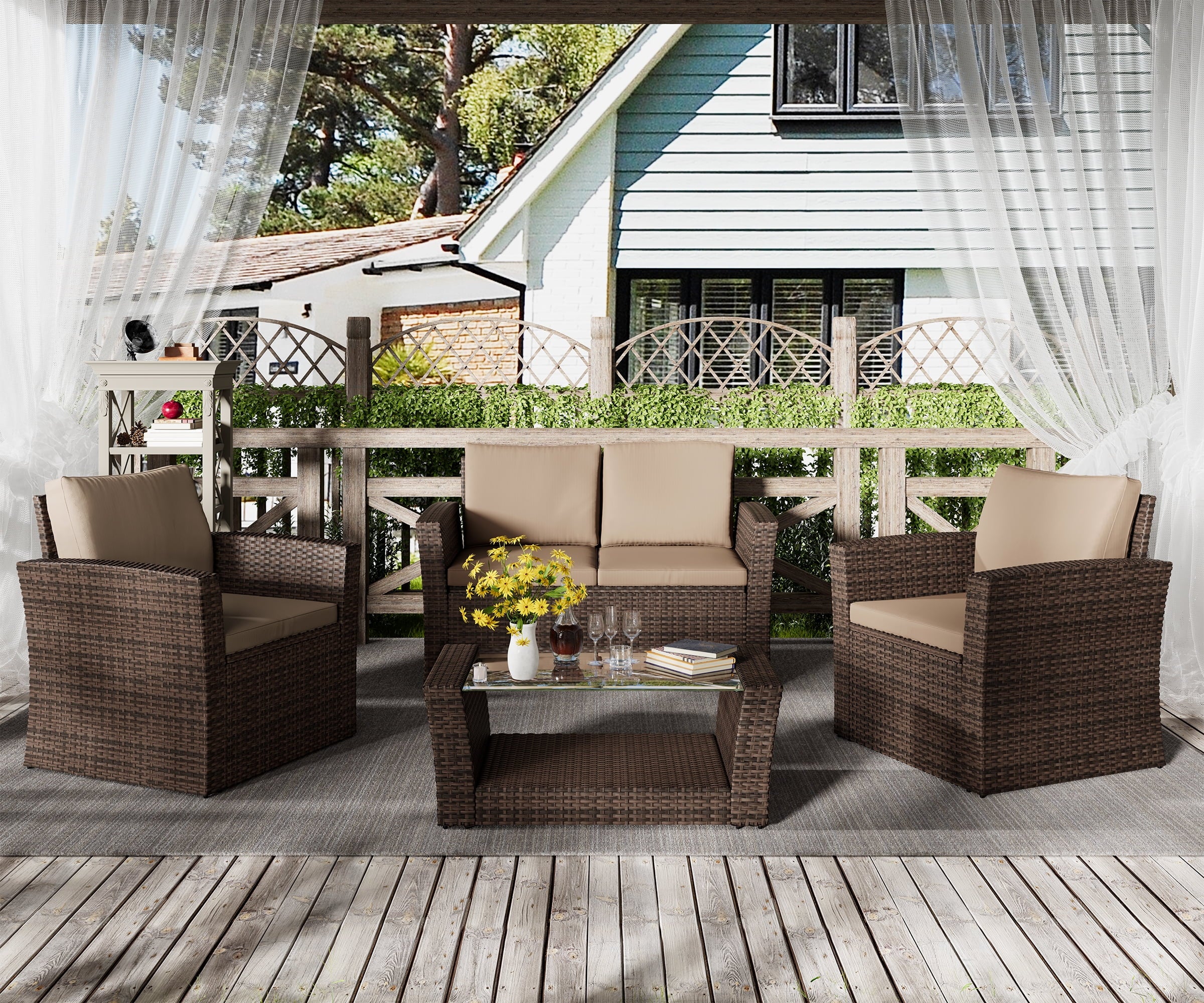 Bifanuo 4-Piece Patio Furniture Set Outdoor Rattan Wicker Sofa Set with Cushions & Coffee Table, Conversation Sofa Set with Tempered Glass Table Top - Womvr