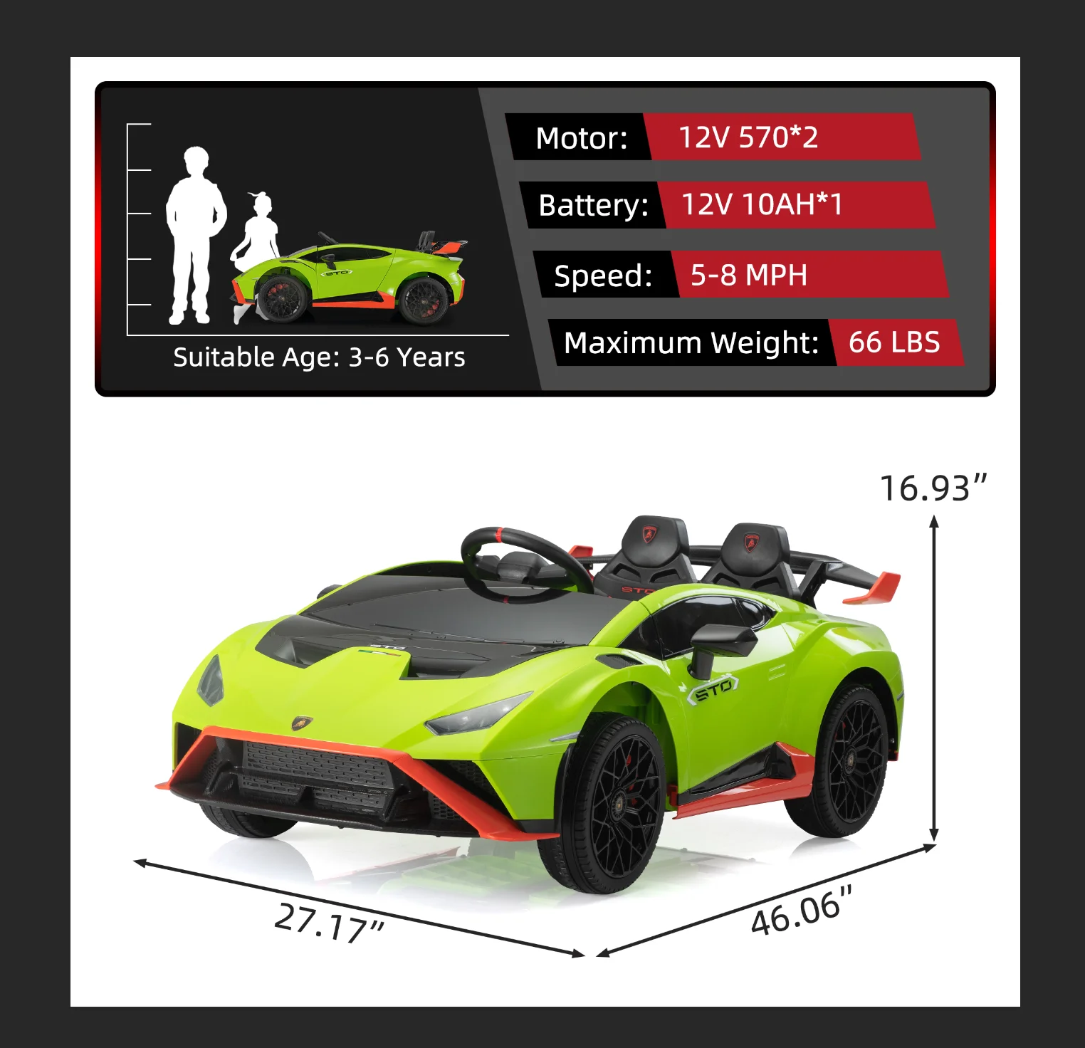 TOBBI 24V Lamborghini STO Licensed Kids Ride on Drift Car Gray Electric Car W/Remote Control LED Lights, up to 10 mph - Womvr