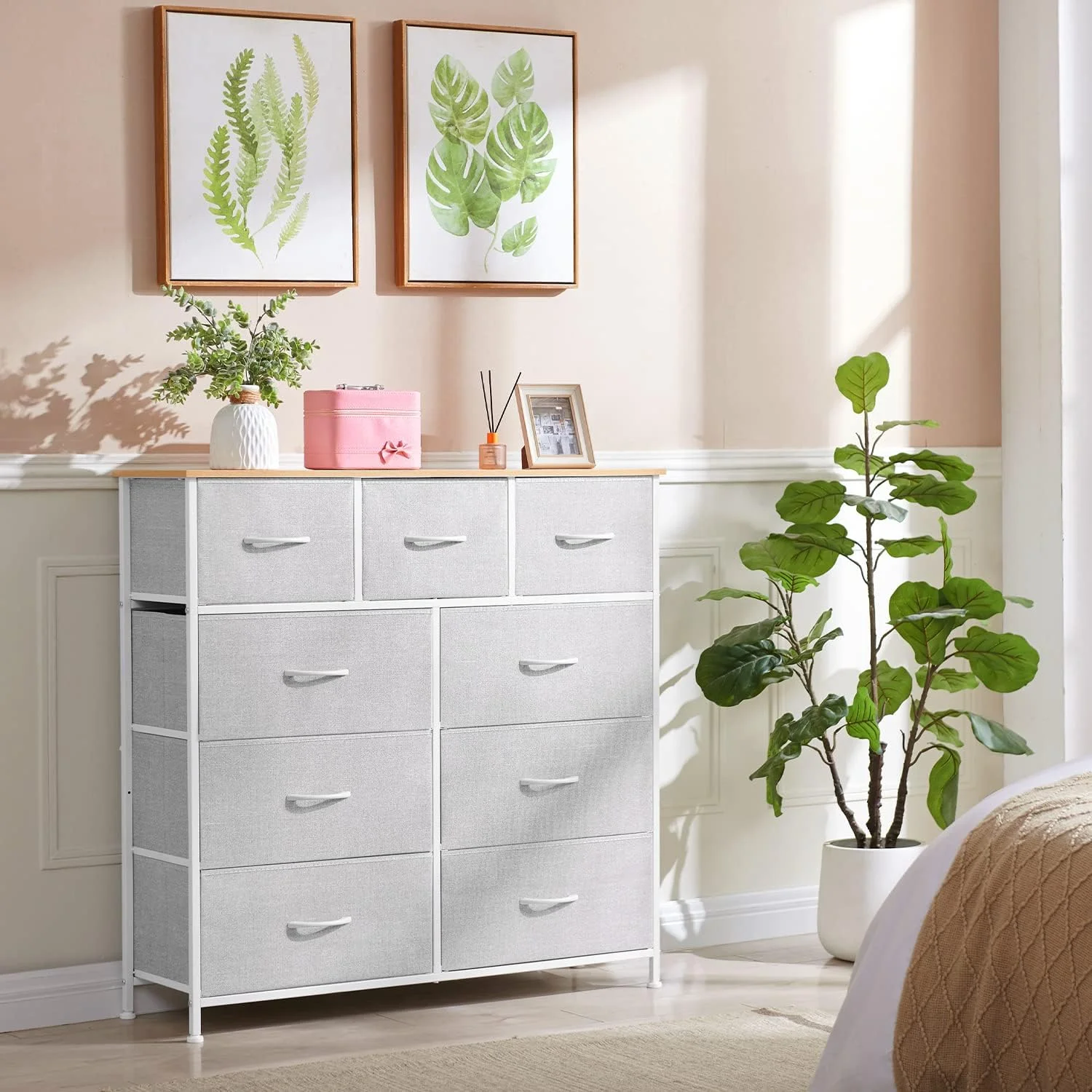 Somdot Dresser, 9-Drawer Fabric Storage Tower for Bedroom, Nursery, Entryway, Closets, Tall Chest Organizer Unit with Large Capacity Fabric Bins - Womvr