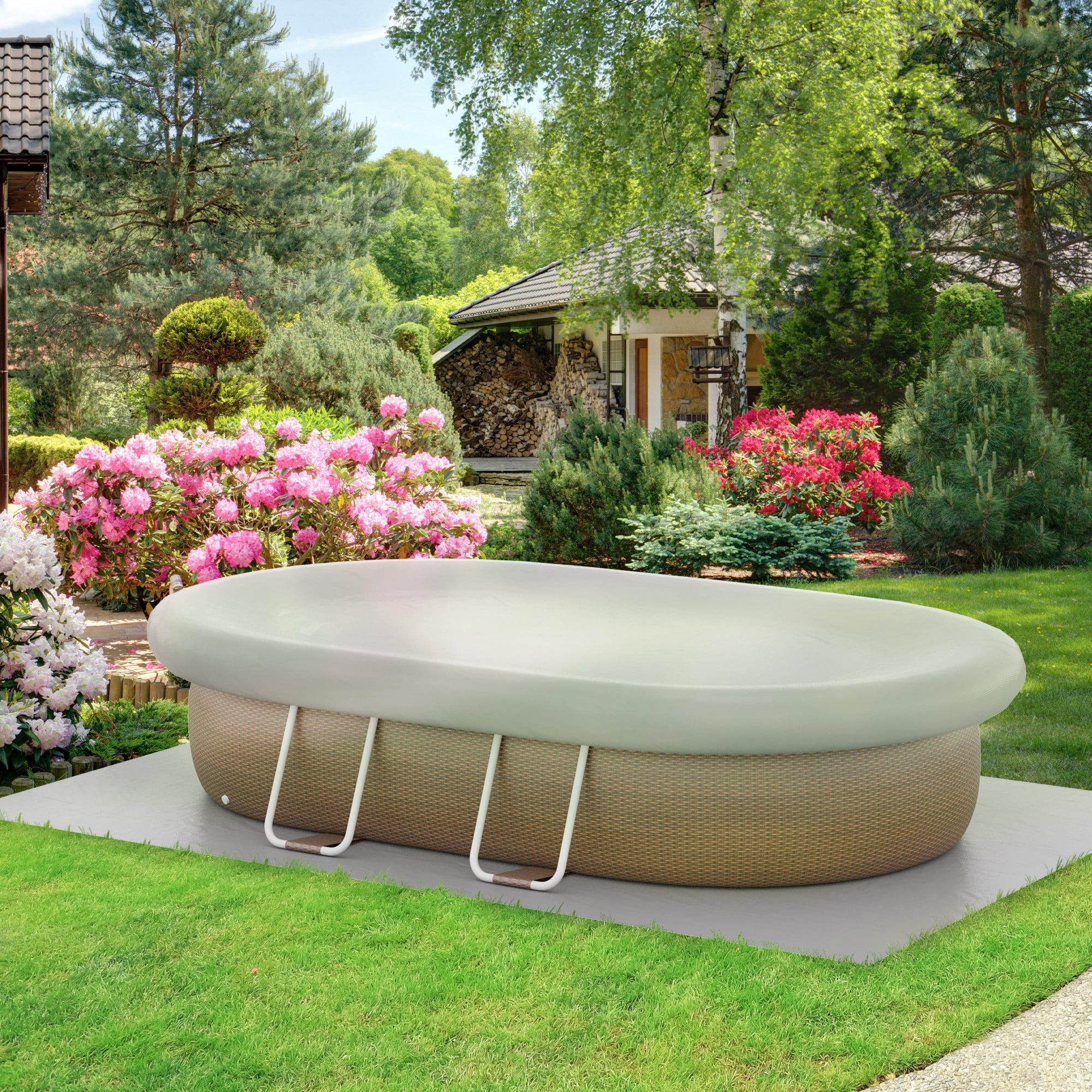 Outsunny Above Ground Swimming Pool, Semi-Inflatable Frame Pool, Brown - Womvr