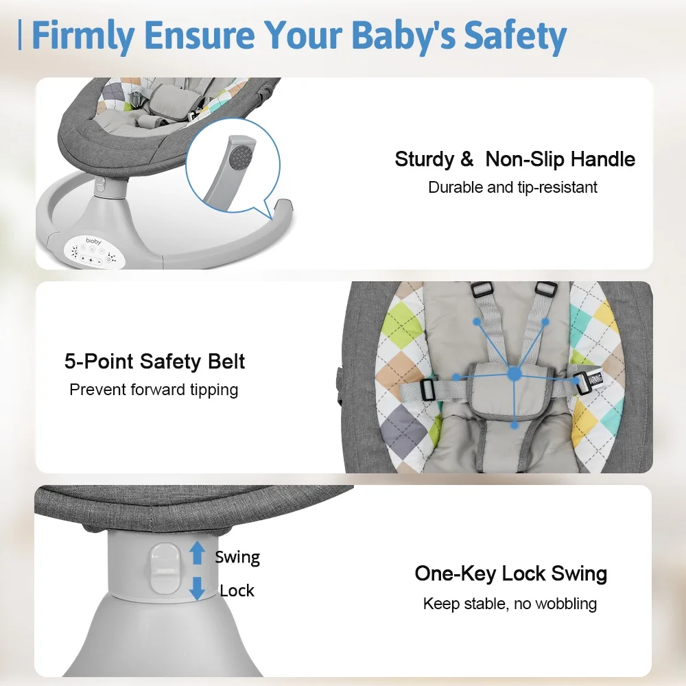 Electric Baby Swing, Bioby Infant Swing Chair Rocker with Remote Control, 5 Swing Speeds, Seat Belt, Bluetooth Music, Grey - Womvr