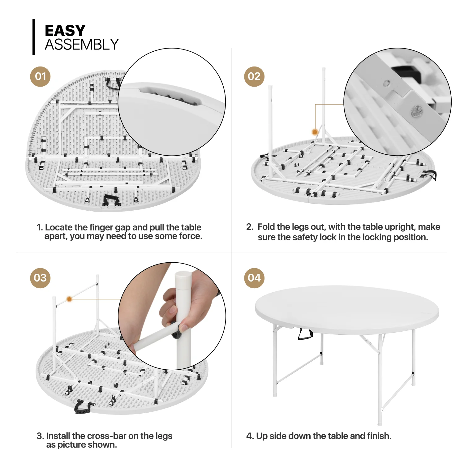 MoNiBloom 5 foot Round Bi-Fold Plastic Table, Metal Frame Indoor Outdoor 60 Inch Foldable Desk for Kitchen Party Wedding, Grey - Womvr