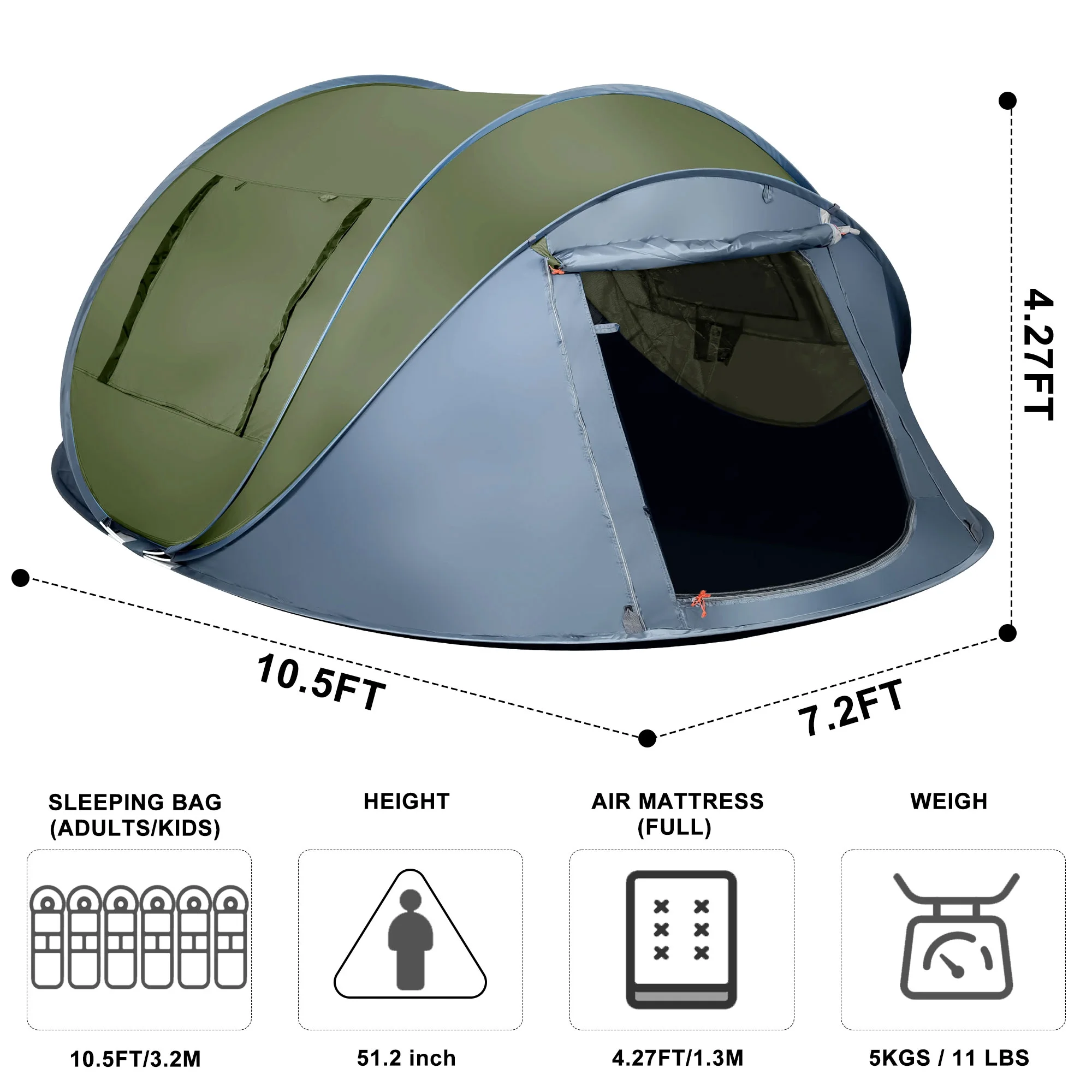 GVDV Camping Tent, 6 Person Easy Pop up Tent, Automatic Setup 2 Doors-Instant Family Tents for Camping Hiking & Traveling, 10.5ft x 7.2ft x52in, Green - Womvr