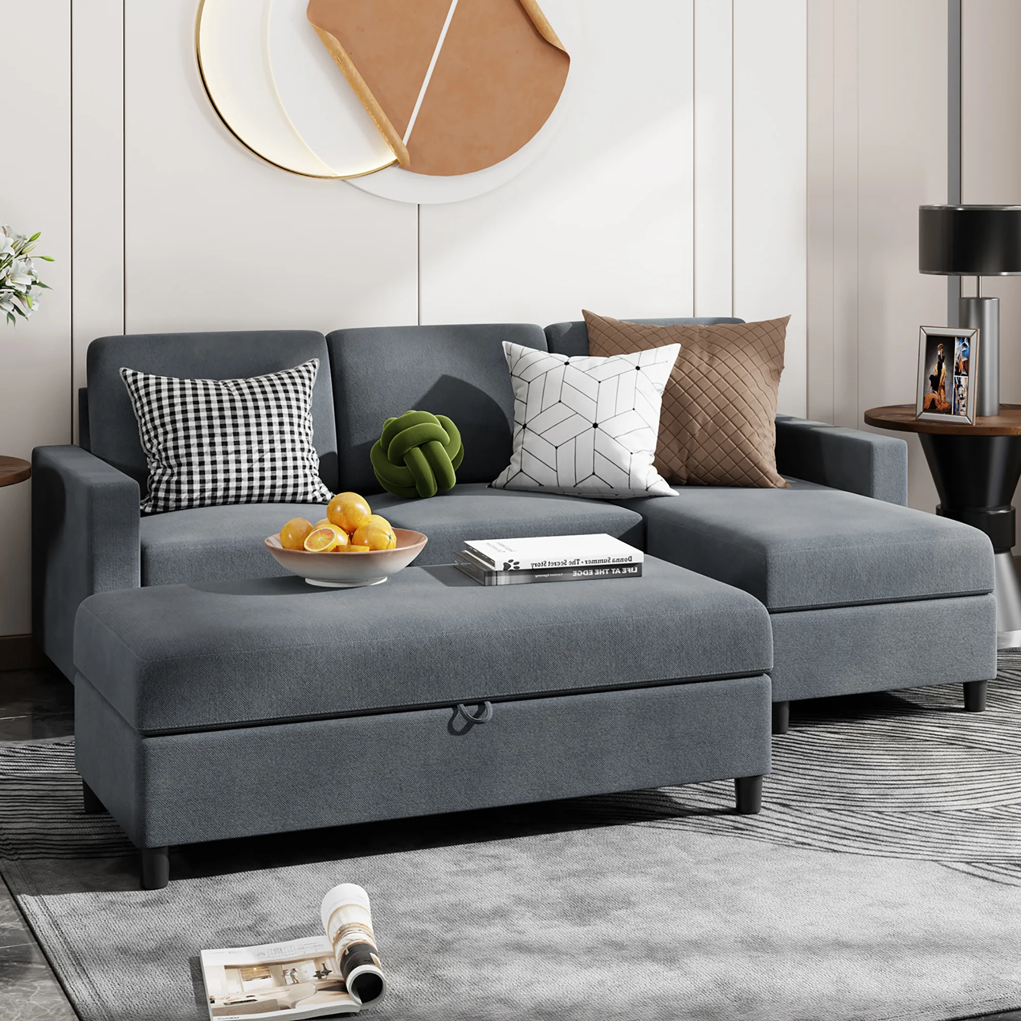 Walsunny Convertible Sectional L-Shaped Sofa with Modern Linen Fabric(Grayish Black) - Womvr