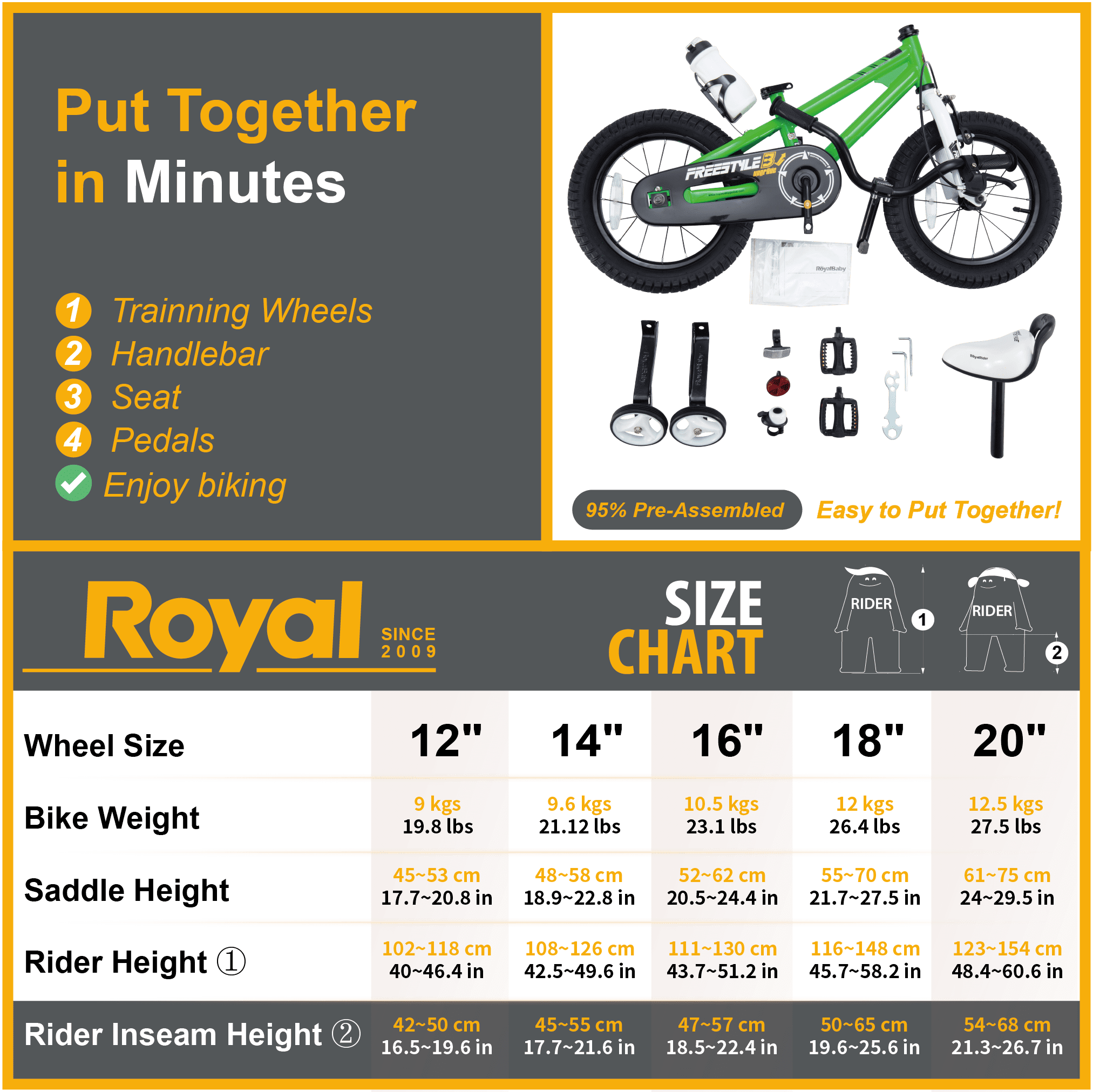 Royalbaby Freestyle Kids Bike 12 14 16 18 20 Inch Bicycle for Boys Girls Ages 3-12 Years, Multiple Color Options - Womvr