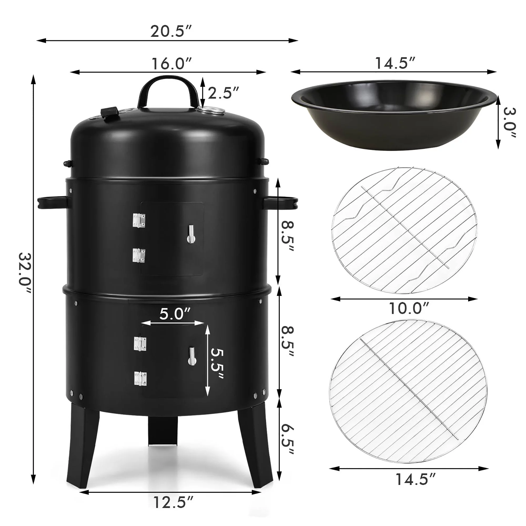 Costway3-in-1 Vertical Charcoal Smoker  Portable BBQ Smoker Grill with Detachable 2 Layer - Womvr