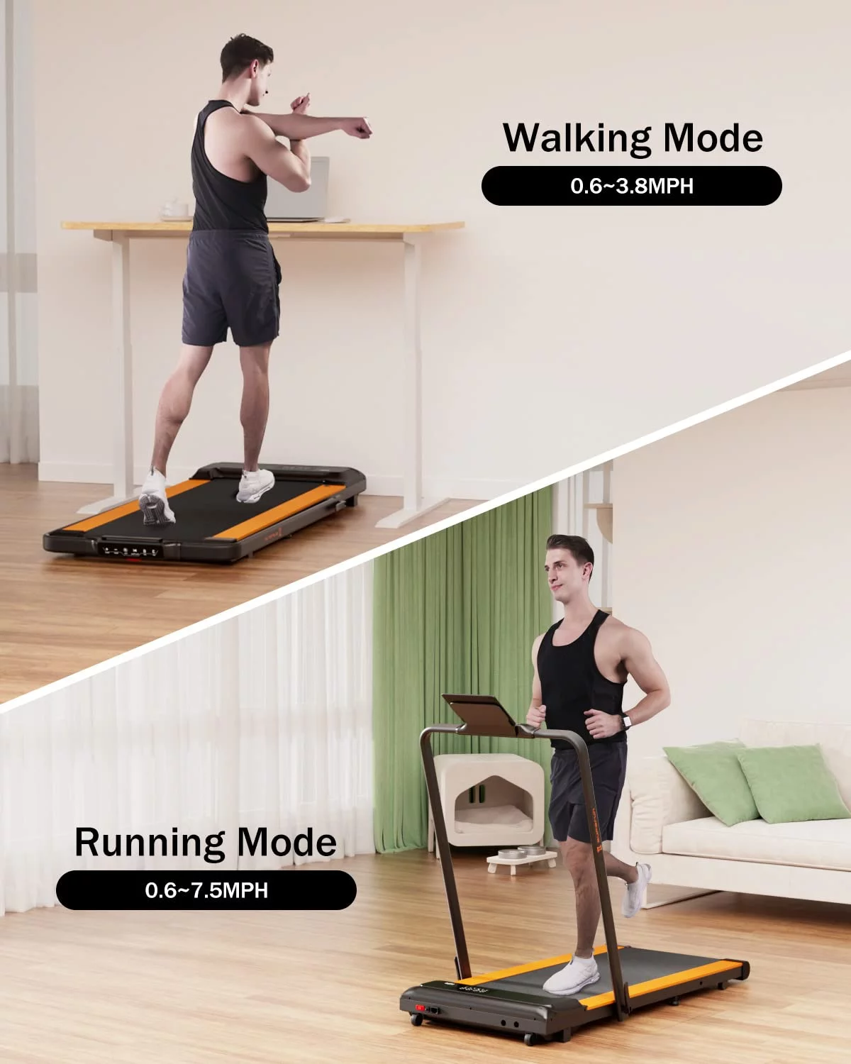Superun 2 in 1 Folding Treadmill 3 HP Indoor Walking pad with 300lbs Capacity & APP Bracelet & Wider Running Belt(Orange) - Womvr