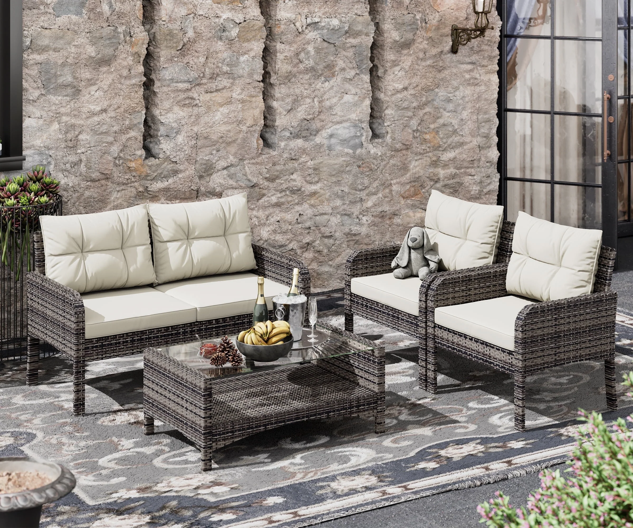 Bifanuo 4-Piece Patio Furniture Set Outdoor Rattan Wicker Sofa Set with Cushions & Coffee Table, Conversation Sofa Set with Tempered Glass Table Top - Womvr