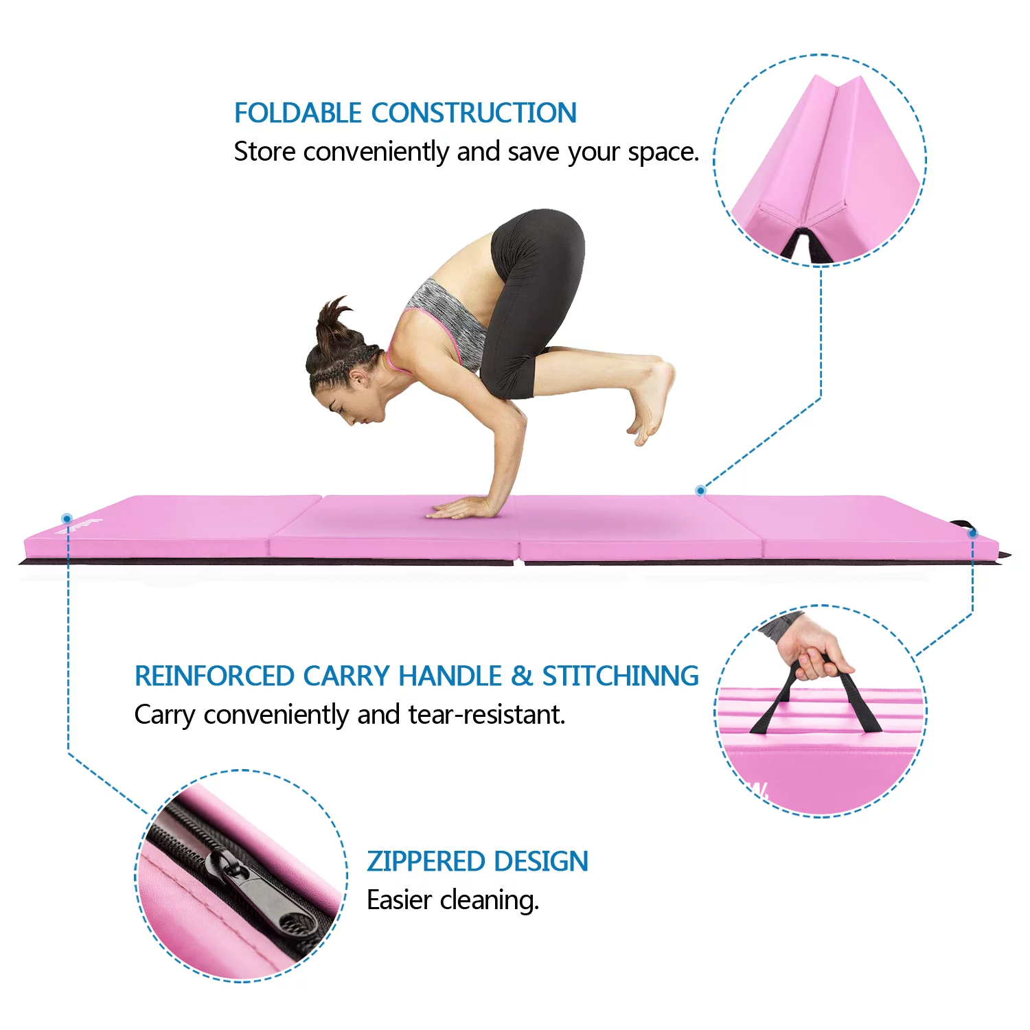 Matladin 8' Folding Gymnastics Gym Exercise Aerobics Mat, 8ft x 2ft x 2in PU Leather Tumbling Mats (Pink) - Womvr