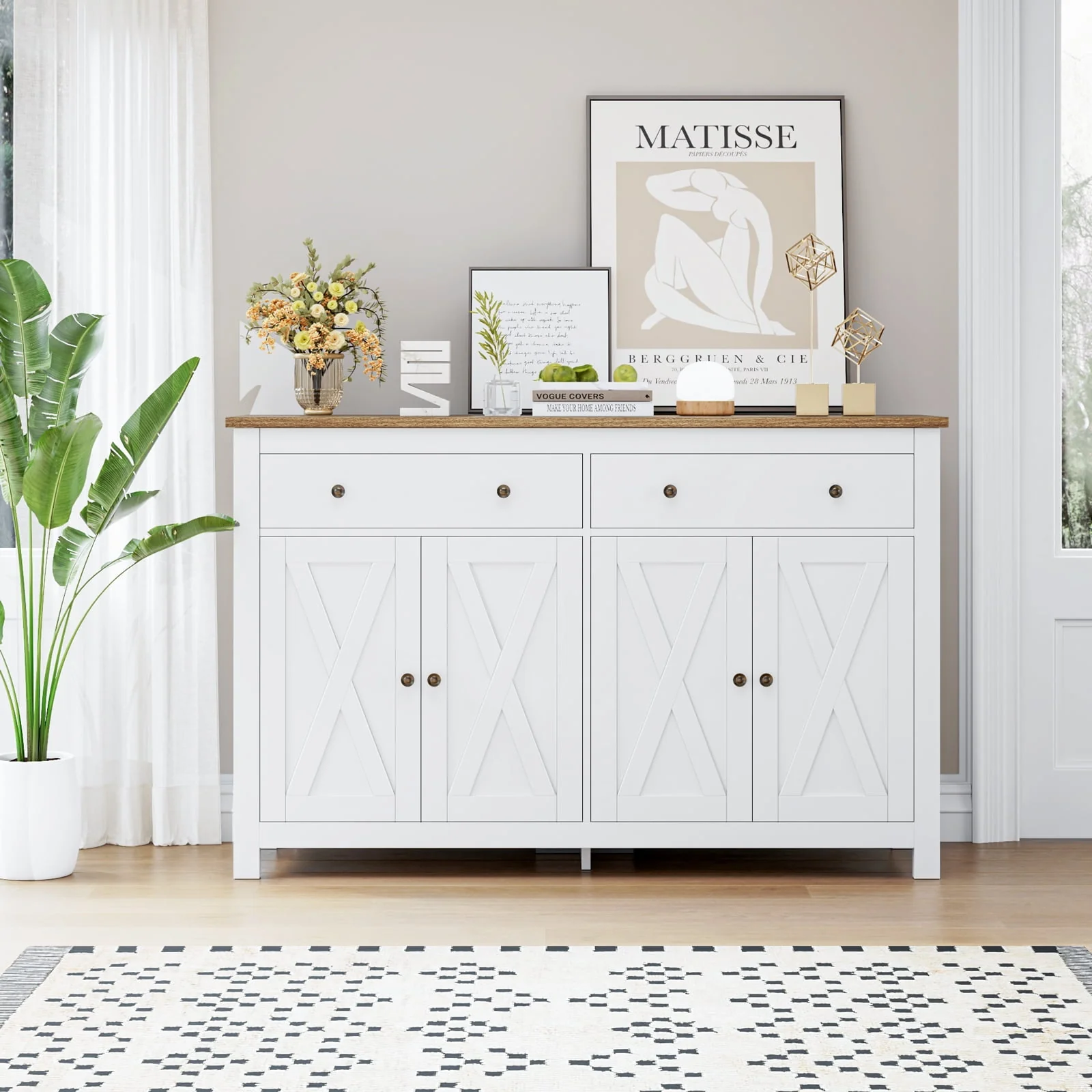 Homfa 4-Doors 2-Drawers Farmhouse Storage Cabinet, Wood Sideboard with Adjustable Shelves for Kitchen Dining Room, White - Womvr