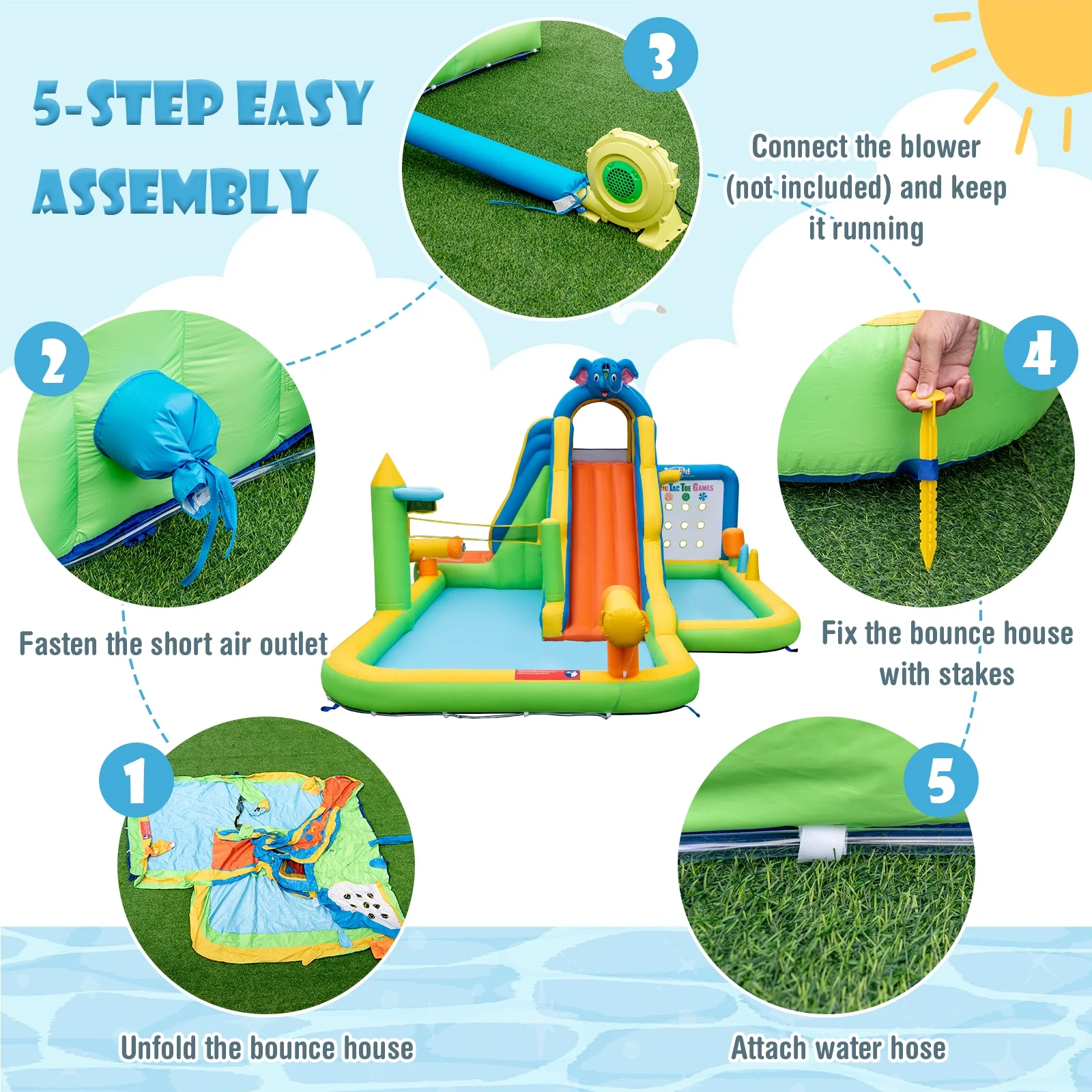 Topbuy Inflatable Water Slide 9-in-1 Blow-up Water Park for Kids with Splash Pool Climbing Wall Water Guns Basketball Toss - Womvr