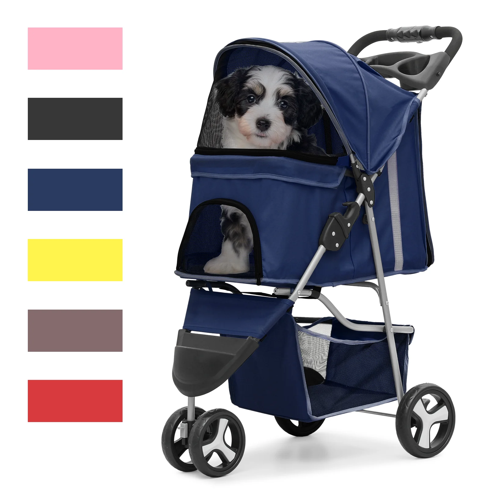 Magshion Foldable Pet Dog Stroller with Wheels, Cat Dog Stroller with Storage Basket and Cup Holder for Small and Medium Cats, Dogs, Puppy, Navy Blue - Womvr