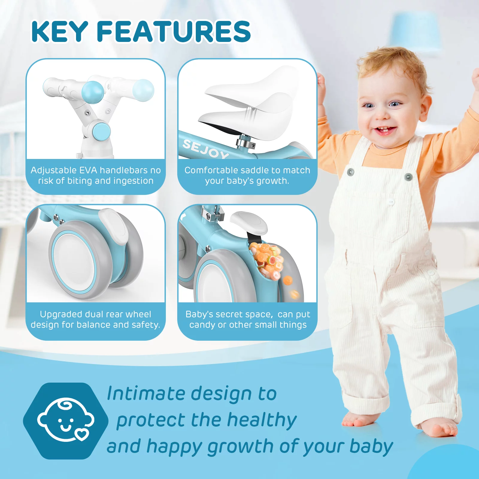 Sejoy Baby Balance Bike, Toddler Baby Bicycle with 4 Wheels for 10-36 Months, Adjustable Handlebar Baby Outdoor Bike Riding Toy, First B-day Gift - Womvr