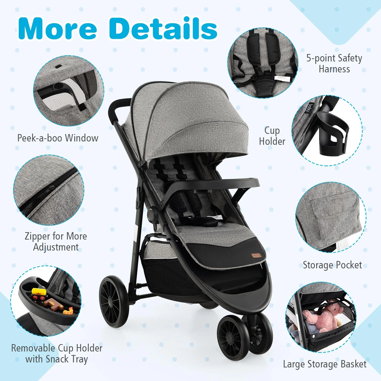 Baby Jogging Stroller Jogger Travel System w/Adjustable Canopy for Newborn Grey - Womvr