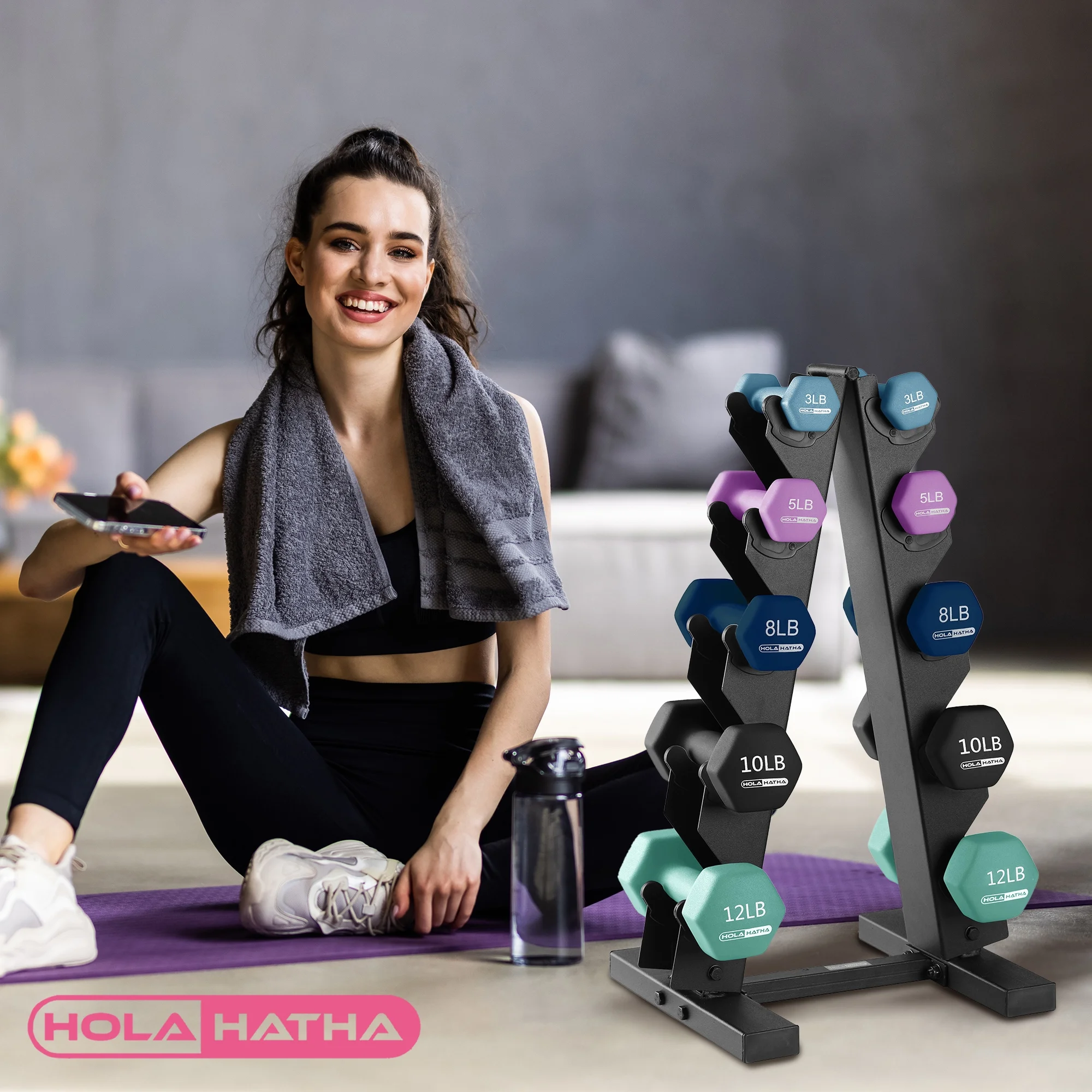 HolaHatha 3, 5, and 8 Pound Dumbbell Hand Weight Set with Storage Rack, Multi - Womvr