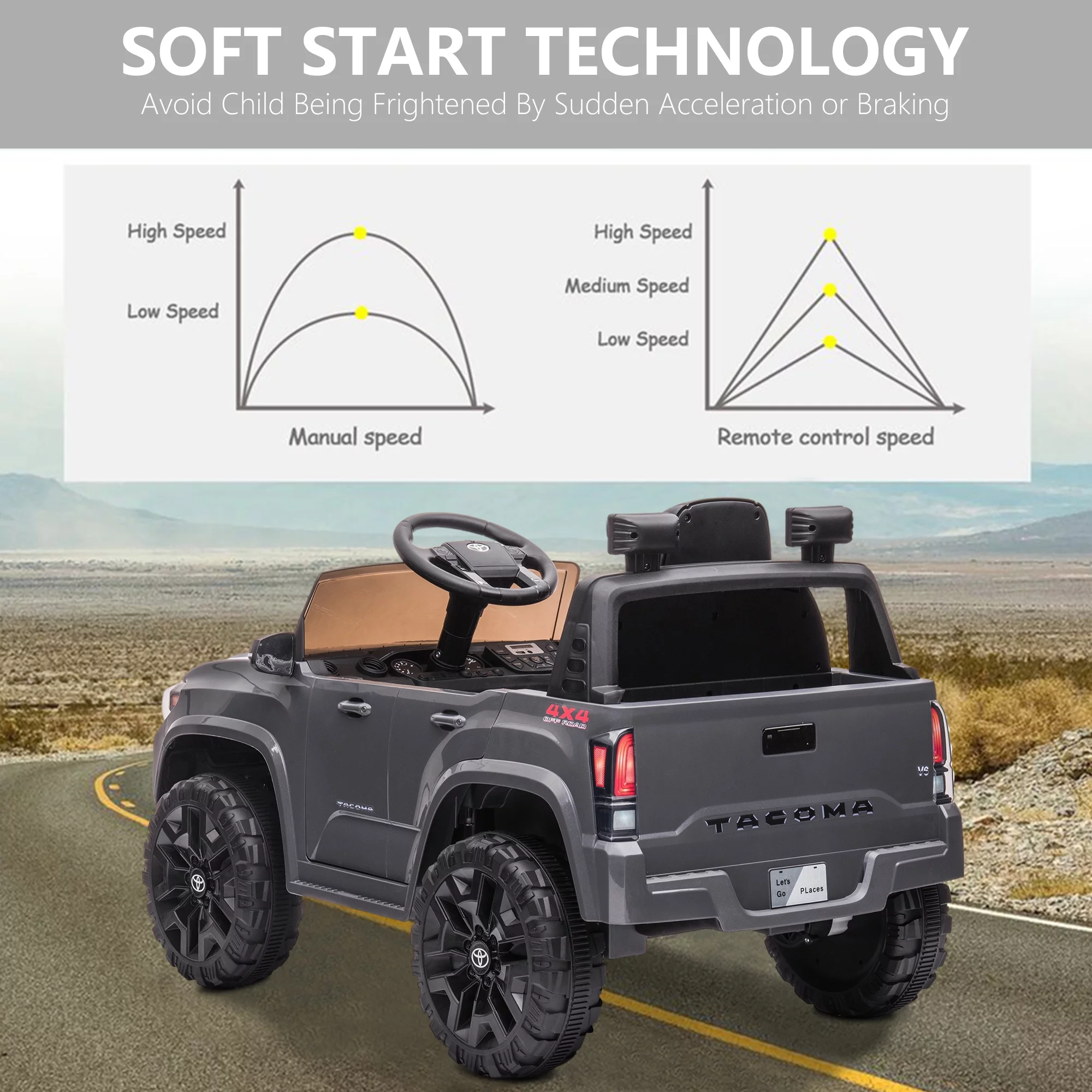 Licensed Toyota Tacoma Electric Ride on Vehicle for Kids, 12V Powered Ride on Car Toys with Remote Control, LED Lights, MP3 Player, Gray - Womvr