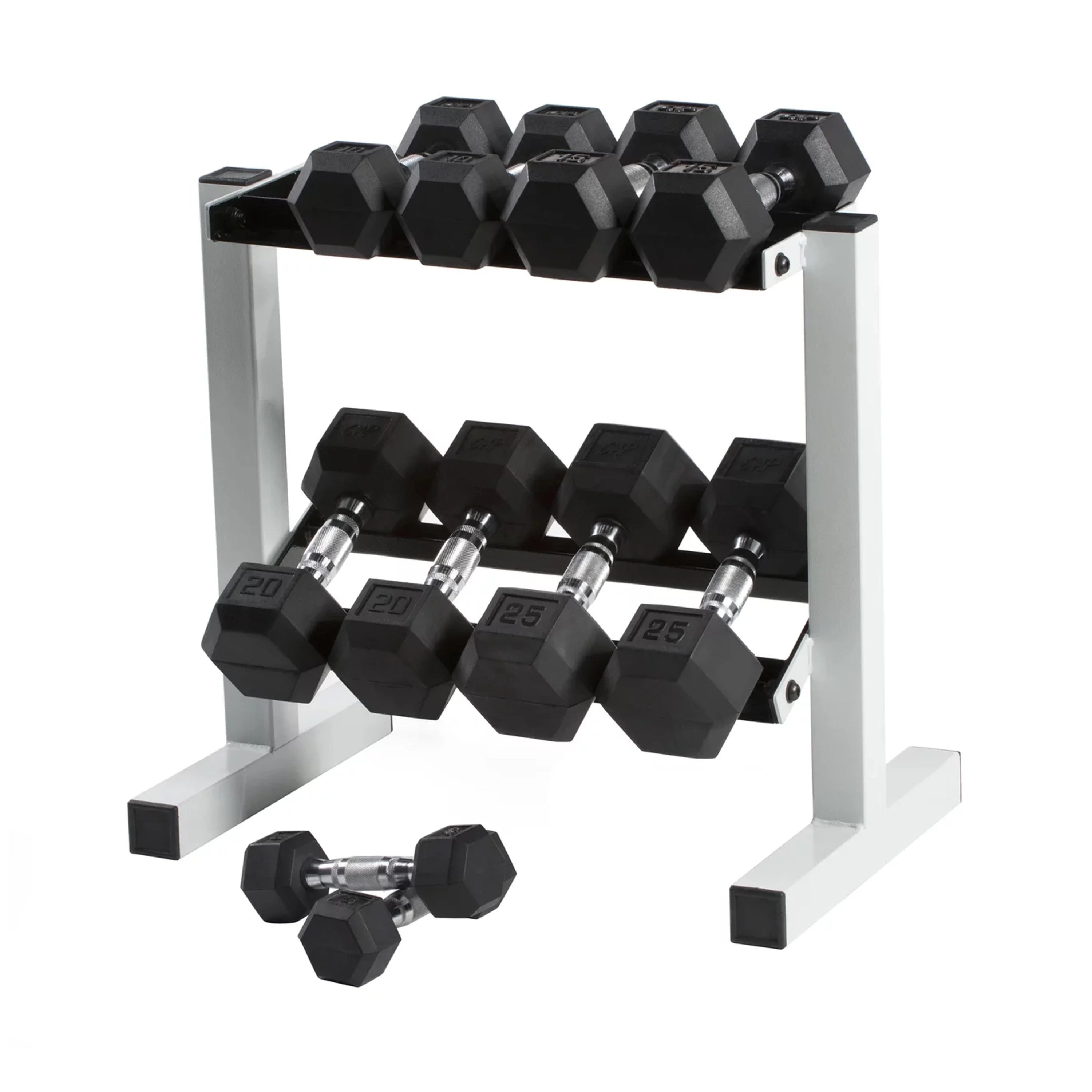 CAP 150 lb Coated Rubber Hex Dumbbell Weight Set with A-Frame Rack, Black - Womvr