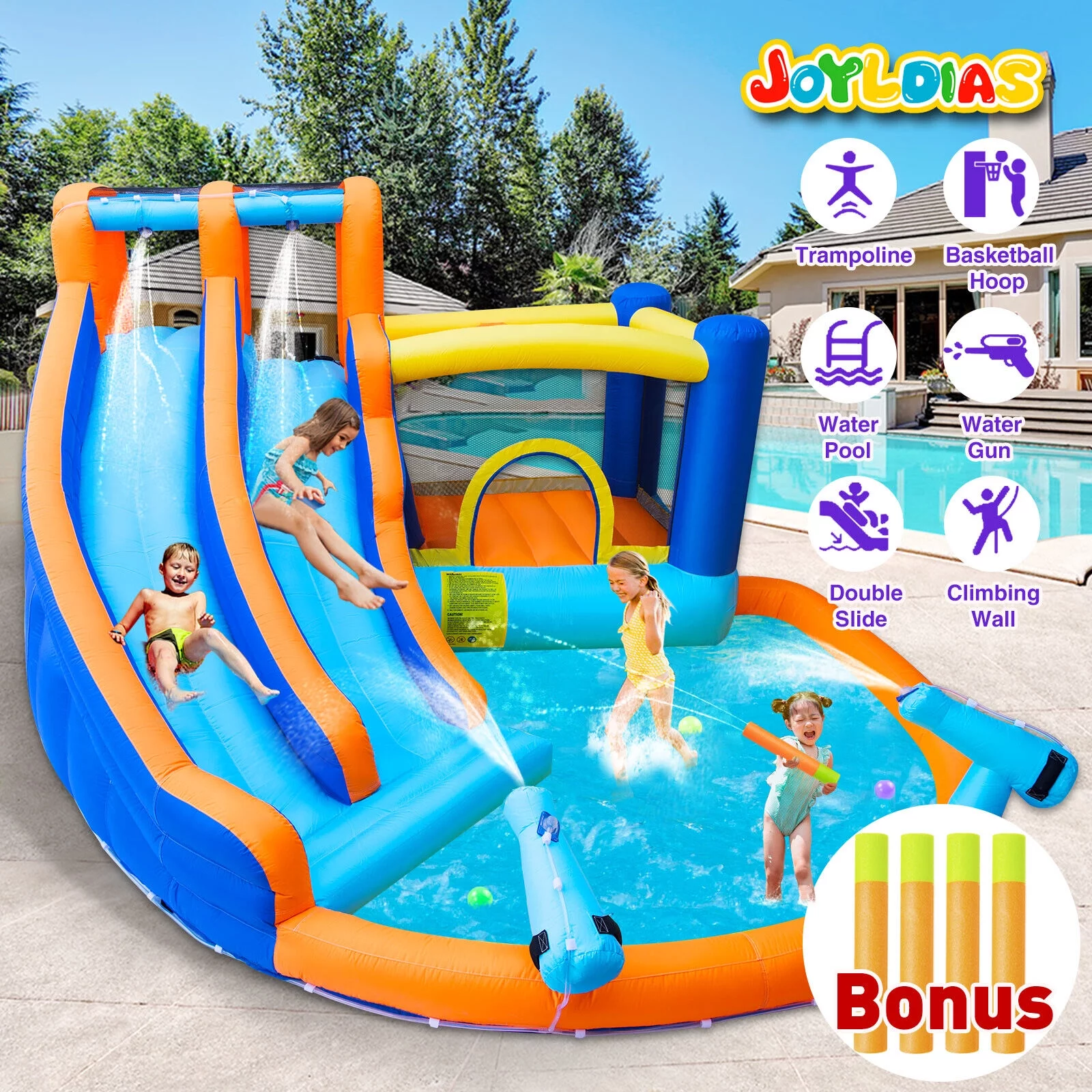 JOYLDIAS Kids Inflatable Water Slide Giant Water Park Double Slide Bouncer Playhouse Castle with 4 Water Guns, Pool, Jump Area, Climbing Wall, Air Blower - Womvr