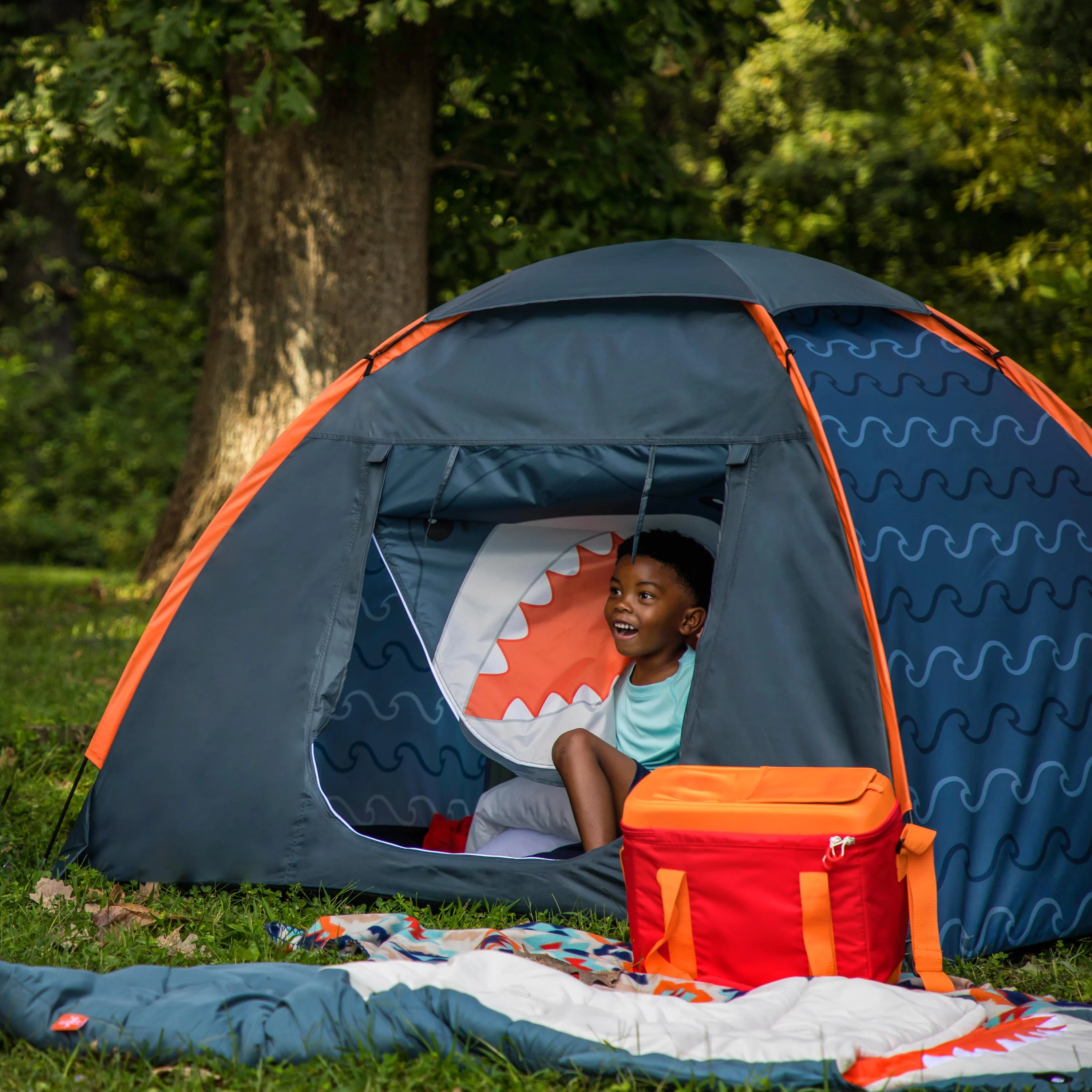Firefly! Outdoor Gear Finn the Shark 2-Person Kid's Camping Tent - Navy/Orange/Gray Color, One Room - Womvr