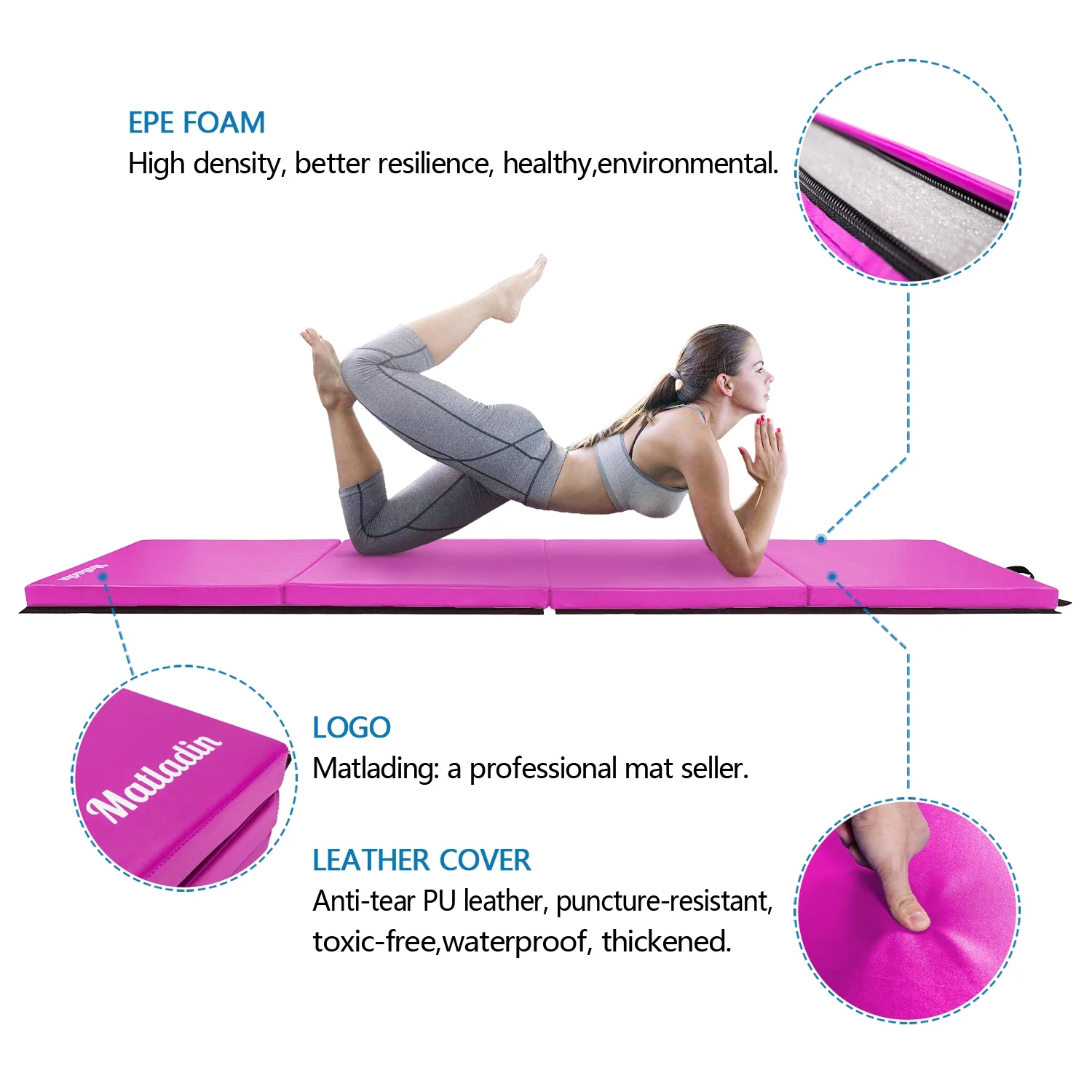 Matladin 8' Folding Gymnastics Gym Exercise Aerobics Mat, 8ft x 2ft x 2in PU Leather Tumbling Mats (Pink) - Womvr