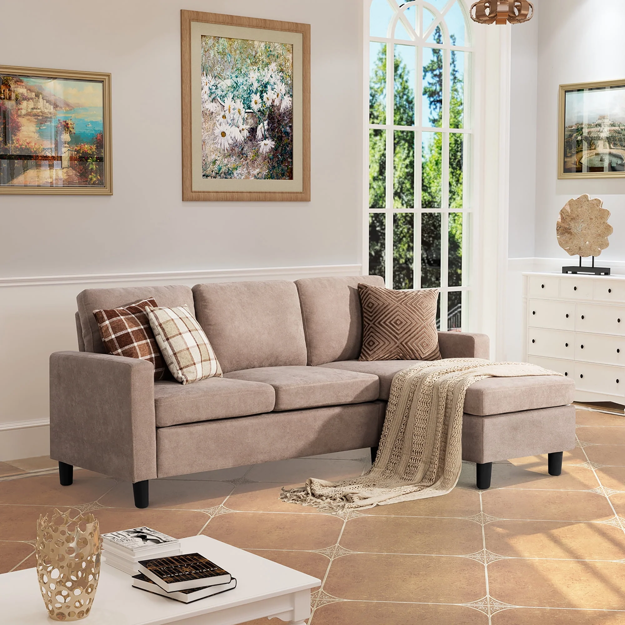 Walsunny Convertible Sectional L-Shaped Sofa with Modern Linen Fabric(Grayish Black) - Womvr