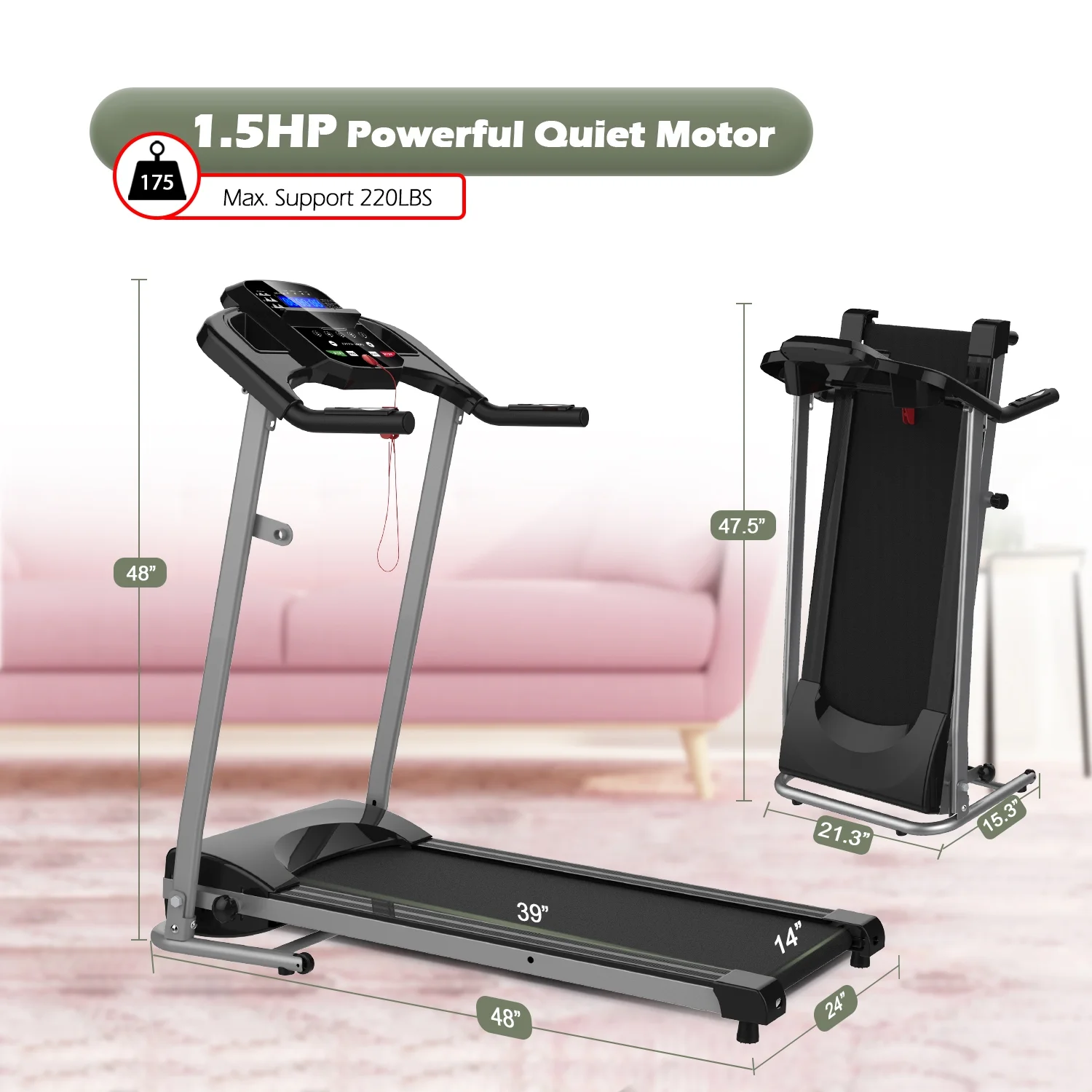 IM Lashes Folding Treadmill, Electric Running Walking Exercise Machine with 0.8 - 12 km/h Speed, 12 Preset Programs - Womvr