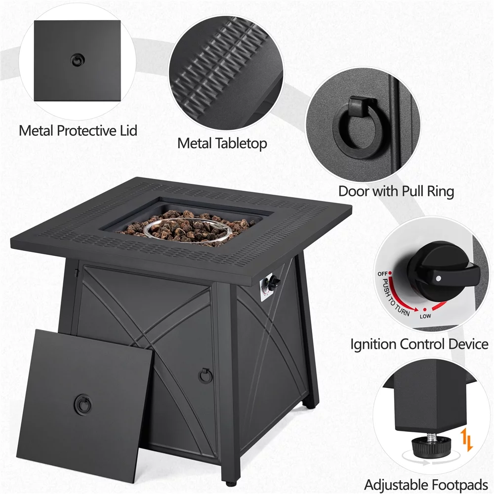 Topeakmart 28'' Square Propane Fire Pit Table 50,000 BTU with Lid & Iron Tabletop, Black - Womvr