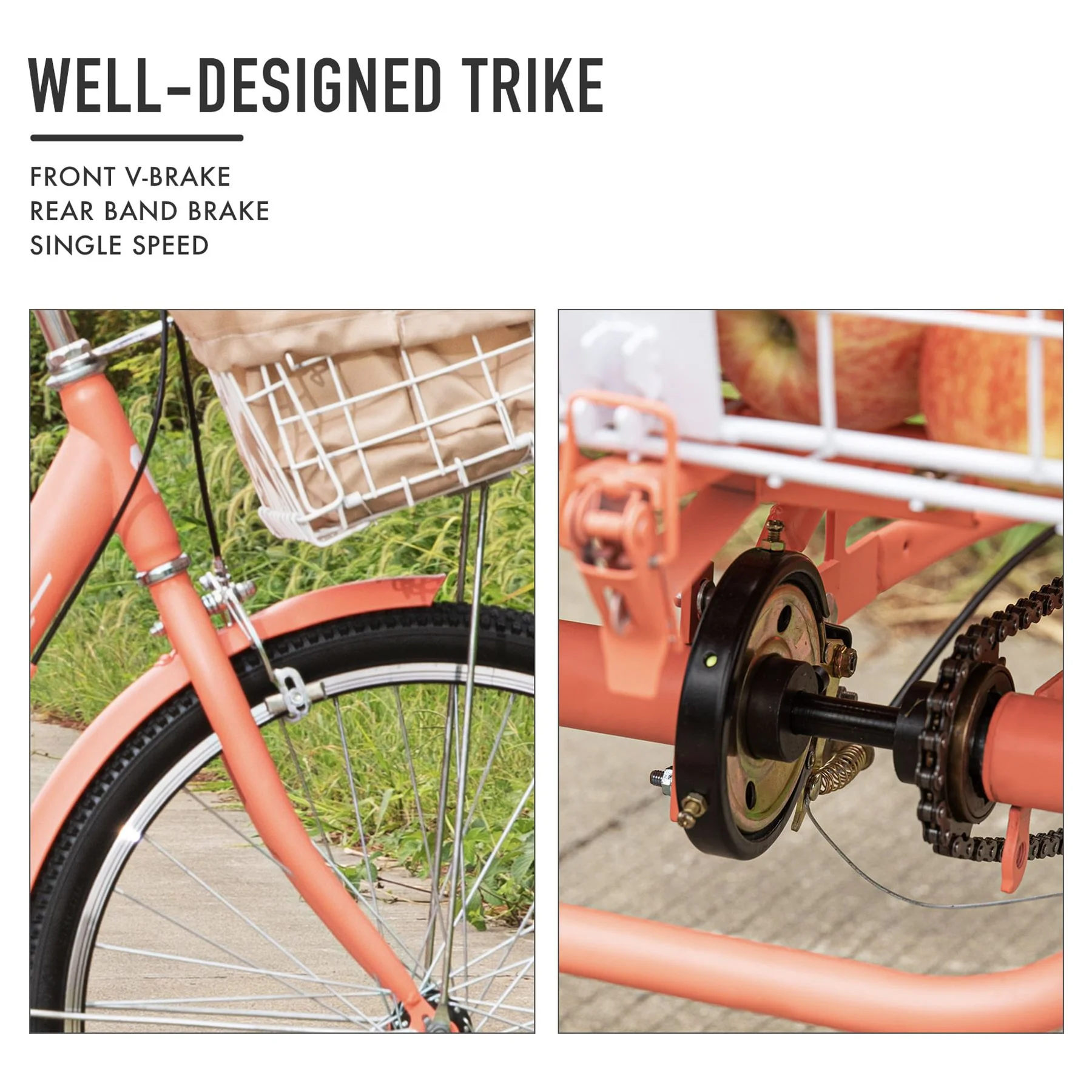 Viribus 26 Inch Single Speed Adult Tricycle 3 Wheel Bike with Removable Basket, Hybrid Beach Trike, Pink - Womvr