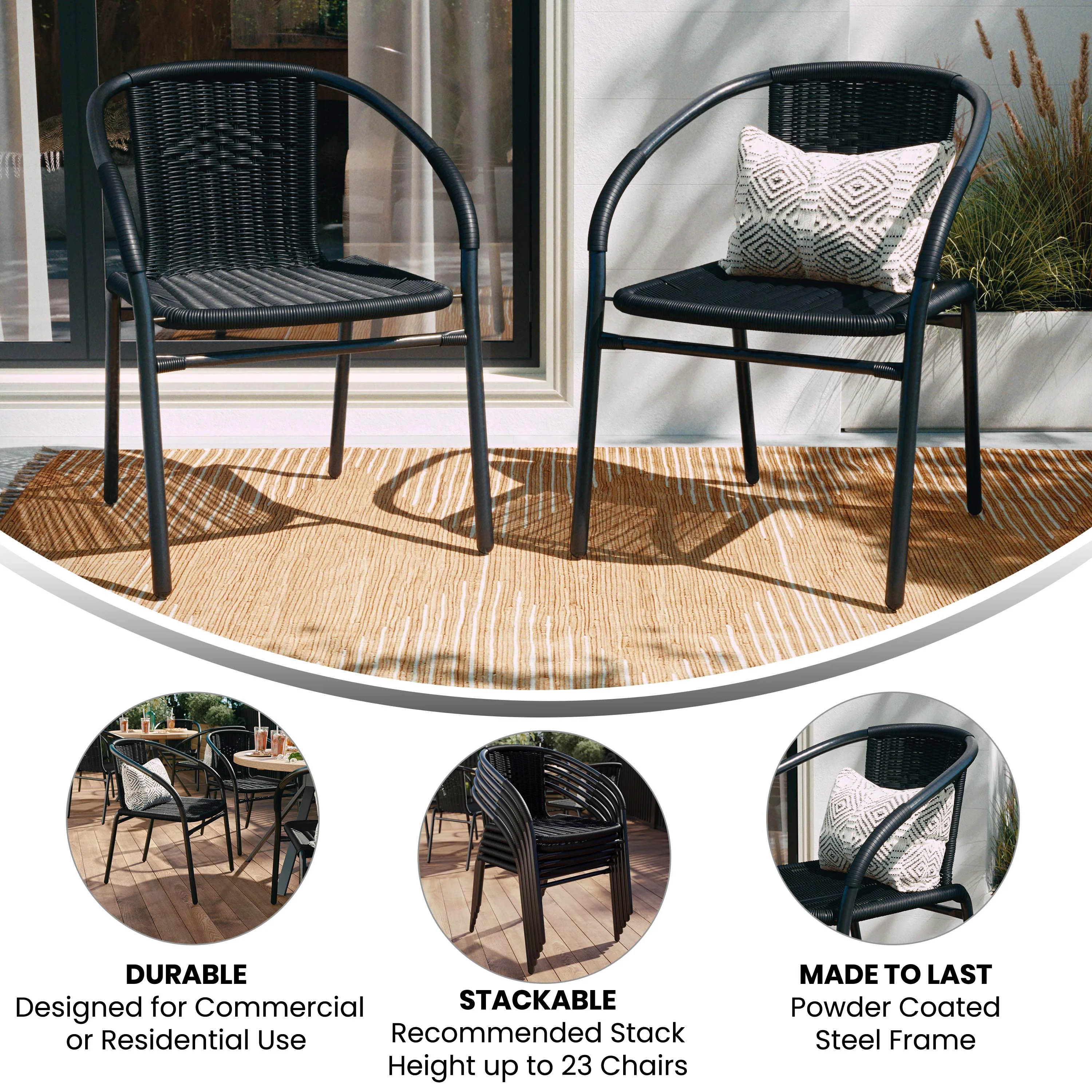 Emma + Oliver 2 Pack Gray Rattan Indoor-Outdoor Restaurant Stack Chair with Curved Back - Womvr