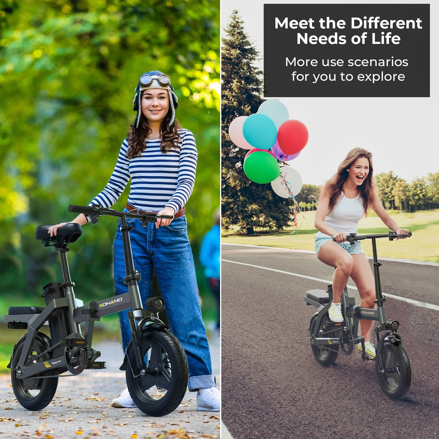 SOHAMO A3 Electric Bike for Adults and Teens, 400W Motor Folding Electric Bicycles, 48V 12Ah Removable Battery, Mini E-Bike, Full Suspension, 3 Working modes - Womvr