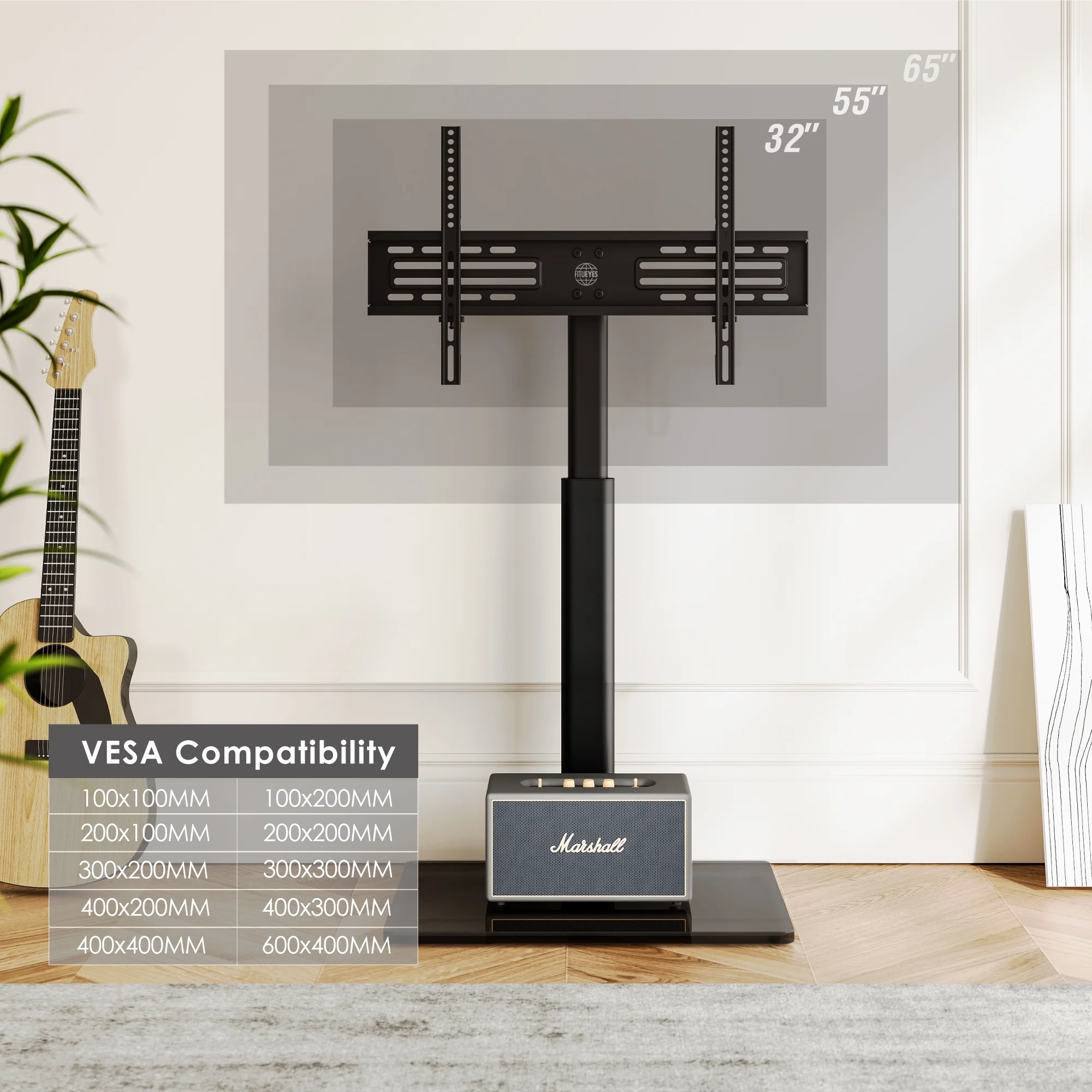 FITUEYES Tempered Glass Base Floor TV Stand 32-65 Inch, Height adjustable,Swivel TV Stand with Mount,Black - Womvr