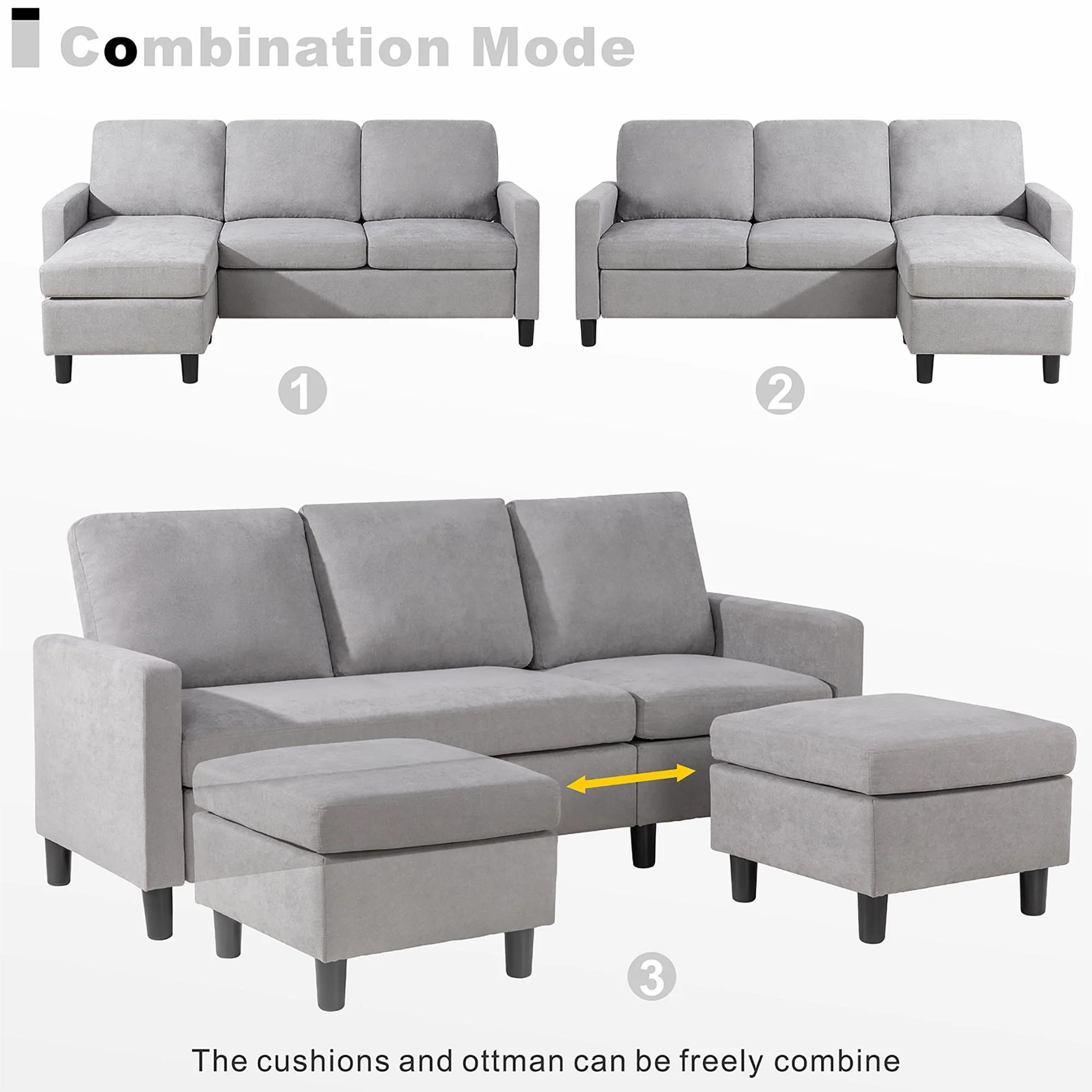 Walsunny Convertible Sectional L-Shaped Sofa with Modern Linen Fabric(Grayish Black) - Womvr