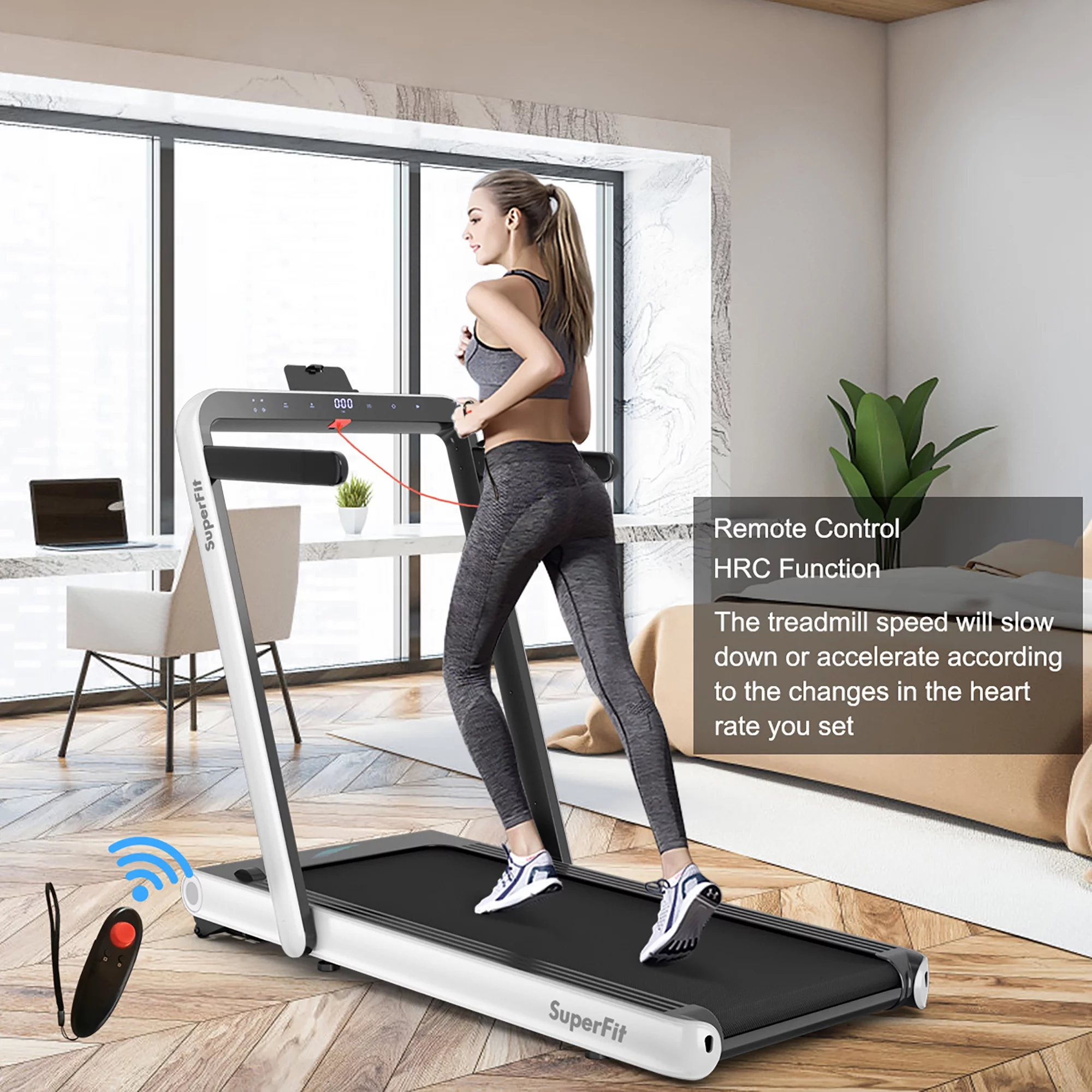 SuperFit 4.75HP 2 In 1 Folding Treadmill W/Remote APP Control White - Womvr