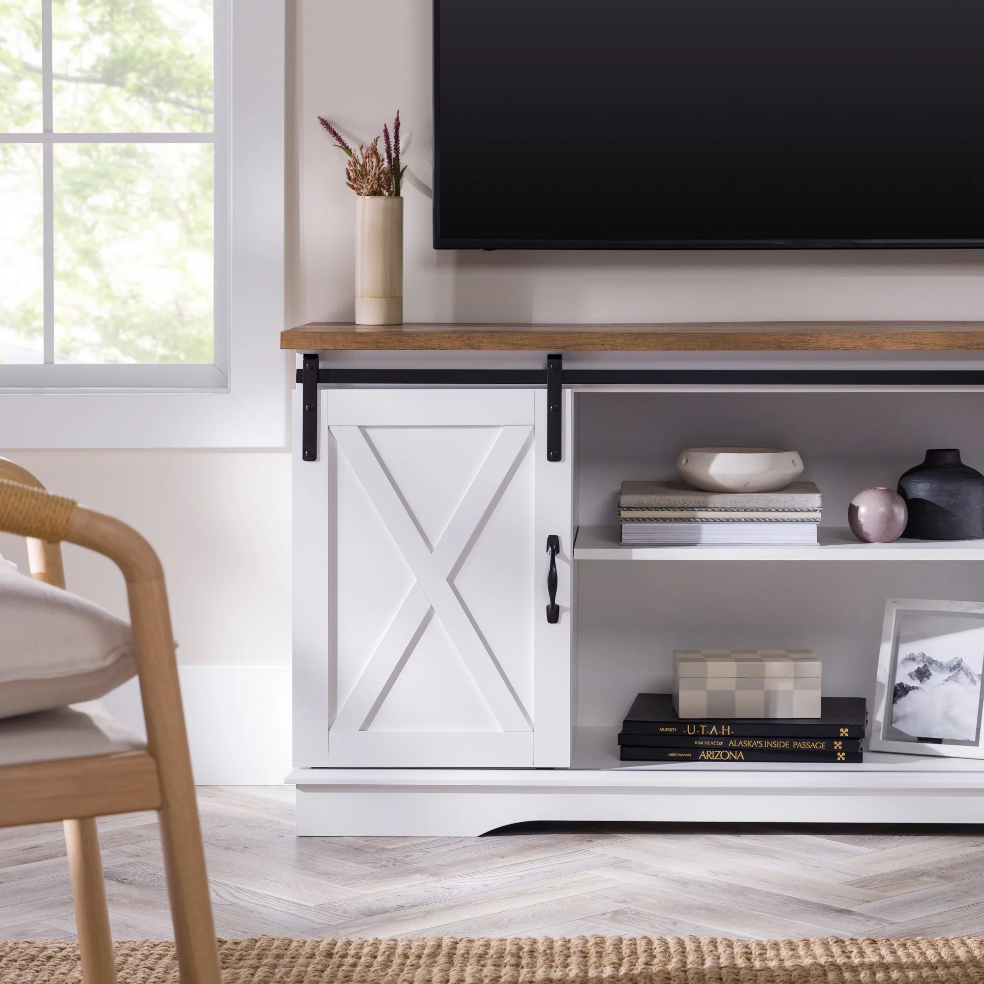 Woven Paths Farmhouse Sliding Barn Door TV Stand for TVs up to 65