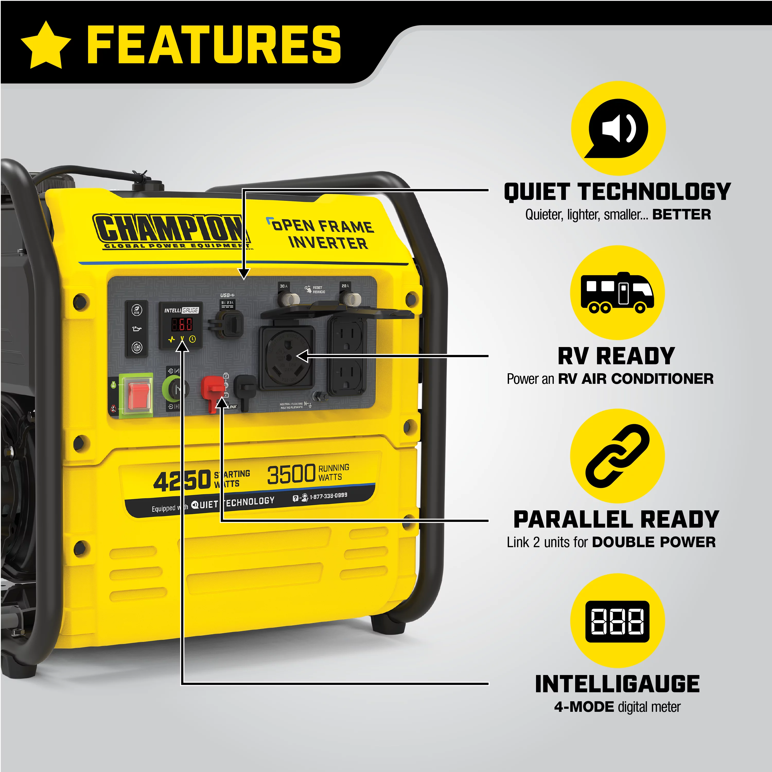 Champion Power Equipment 4250-Watt RV Ready Open Frame Gasoline Inverter Generator - Womvr