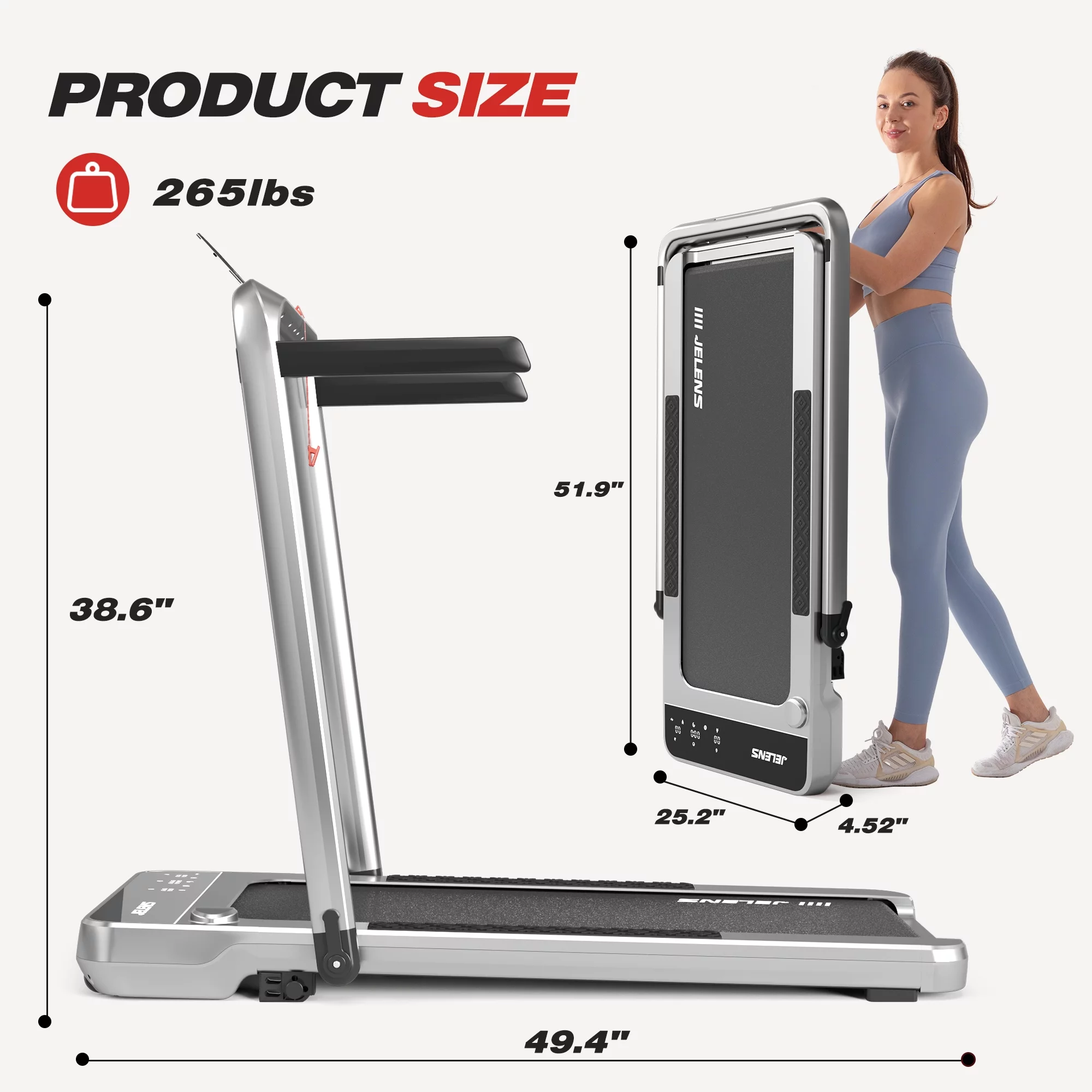 JELENS 2 in 1 Incline Treadmill Under Desk Walking Pad 2.5HP Home Folding Treadmills with Gesture Sensing Control, Walking Machine for Office with Led Display - Womvr