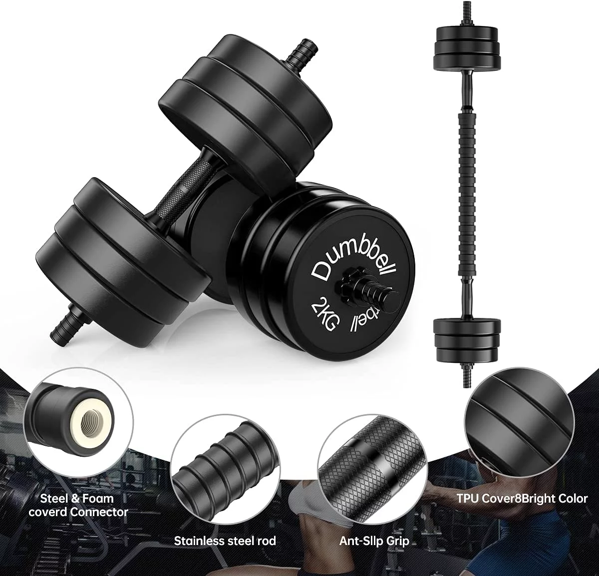 Adjustable Dumbbell Barbell 2 in 1, Neoprene Anti-Slip Handle, Easy Assembly and Save Space, Workout Strength Training Fitness Weight Home Gym��22lbs�� - Womvr