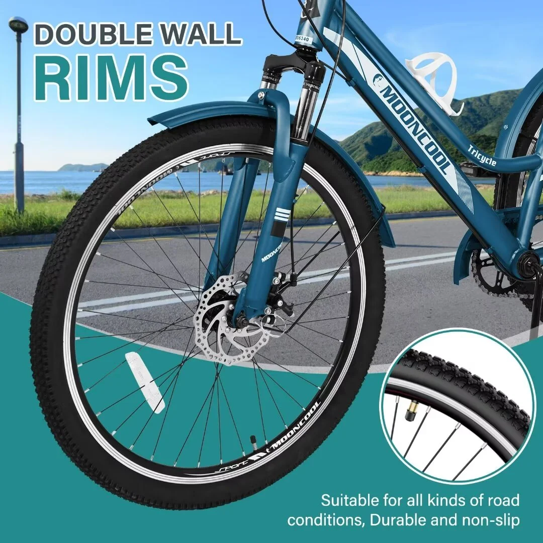 Docred Adult Tricycle, 7 Speed Three Wheel Mountain Bike, 24/26/27.5 inch Adults Trikes ,Load capacity 420 lbs - Womvr