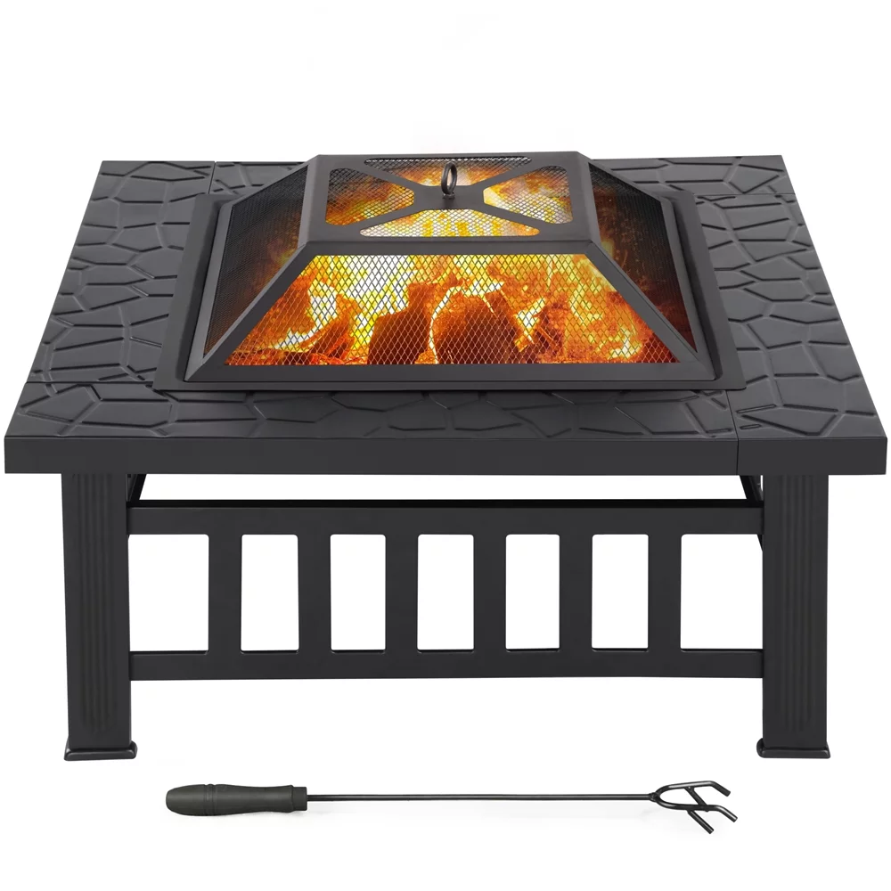 Yaheetech 32''Outdoor Metal Square Fire Pit With cover,Black - Womvr