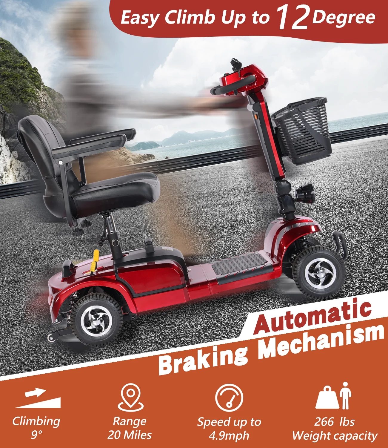 EazinGo 4 Wheel Mobility Scooter, Luxury Travel Electric Scooter for Adults Support 300Lbs - Womvr