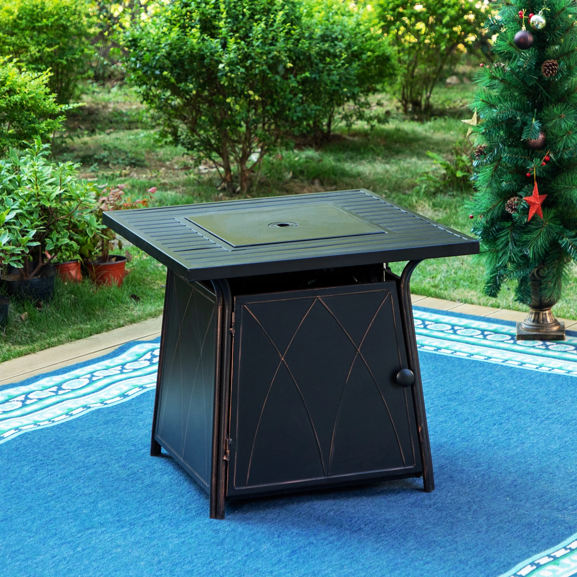 MF Studio 28'' Gas Fire Pit Table with 50,000 BTU Heat Output & Blue Fire Glass, Black - Womvr
