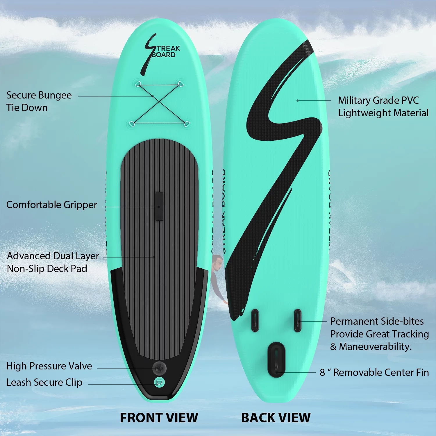 streakboard 10' Inflatable Stand up Paddle Board with SUP Accessories, Backpack, Paddle & Hand Pump - Womvr