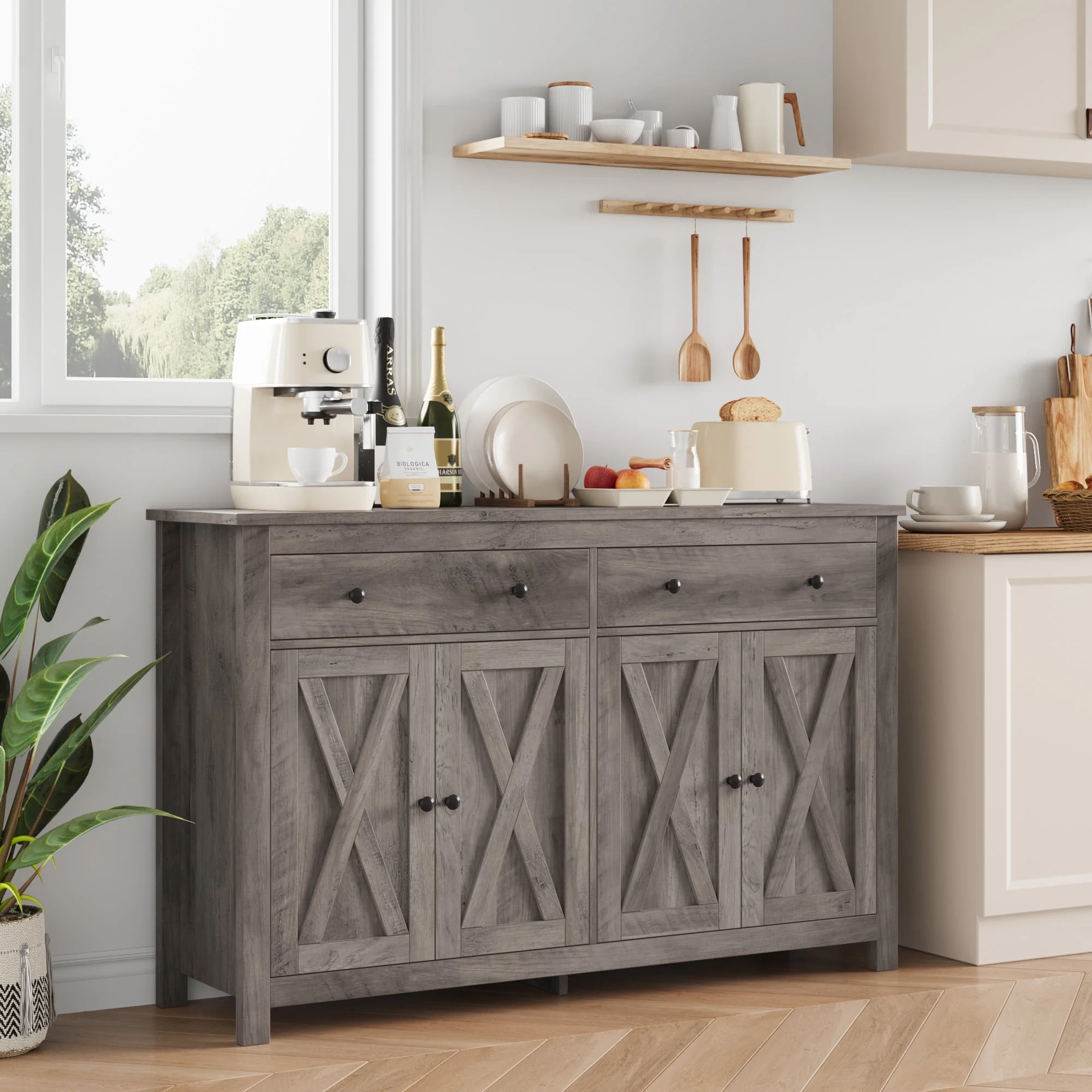 Homfa 4-Doors 2-Drawers Farmhouse Storage Cabinet, Wood Sideboard with Adjustable Shelves for Kitchen Dining Room, White - Womvr