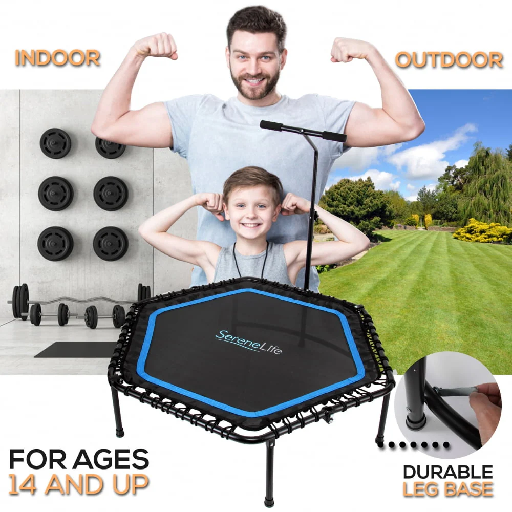 SereneLife SLELT518 - Pro Aerobics Fitness Trampoline - Portable Gym Sports Trampoline with Adjustable Handrail - Womvr