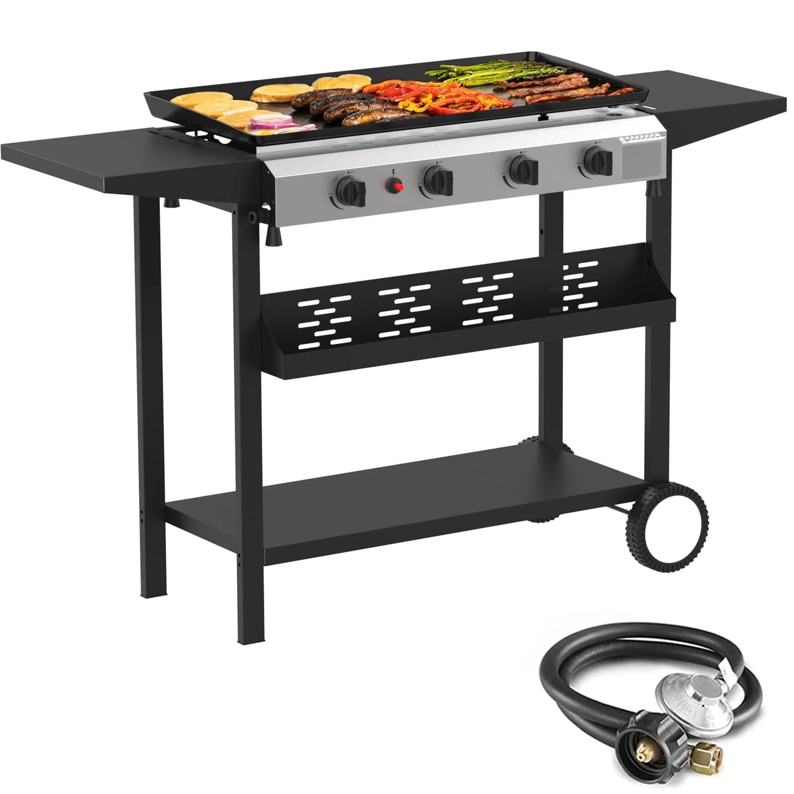 SKOK 3 Burner Gas Griddle-Outdoor Propane Griddle-BTU Propane Fuelled, Portable Flat Top Gas Grill Camping Griddle Station with Side Shelves for Kitchen - Womvr