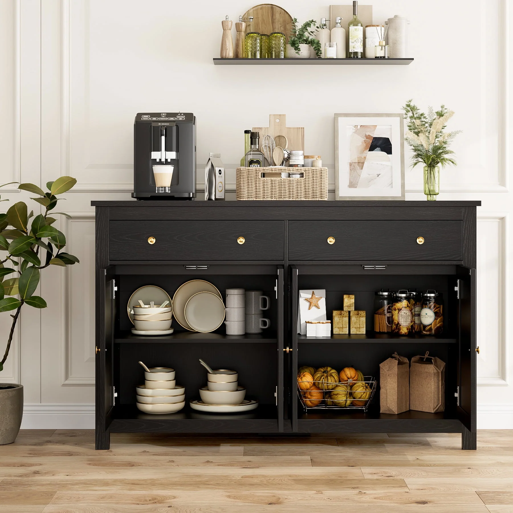 Homfa 4-Doors 2-Drawers Farmhouse Storage Cabinet, Wood Sideboard with Adjustable Shelves for Kitchen Dining Room, White - Womvr