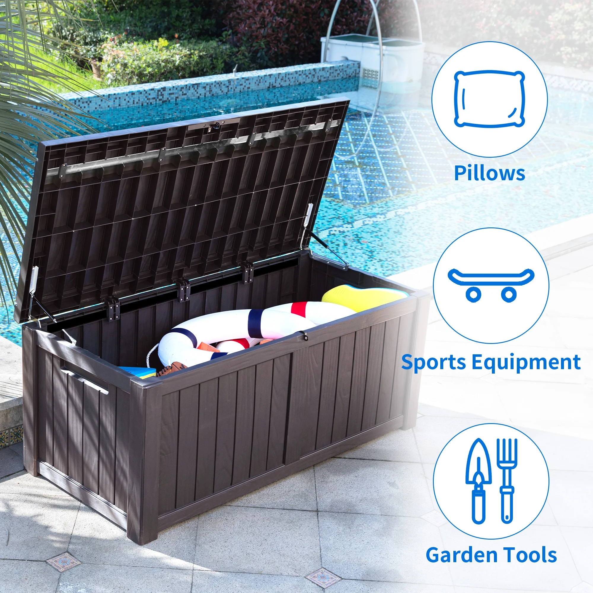 Dextrus Outdoor Storage Deck Box for Outdoor Pillows and Pool Supplies - Large Resin Patio Storage 120 Gallon Capacity, Lockable Lid, Waterproof (Brown) - Womvr