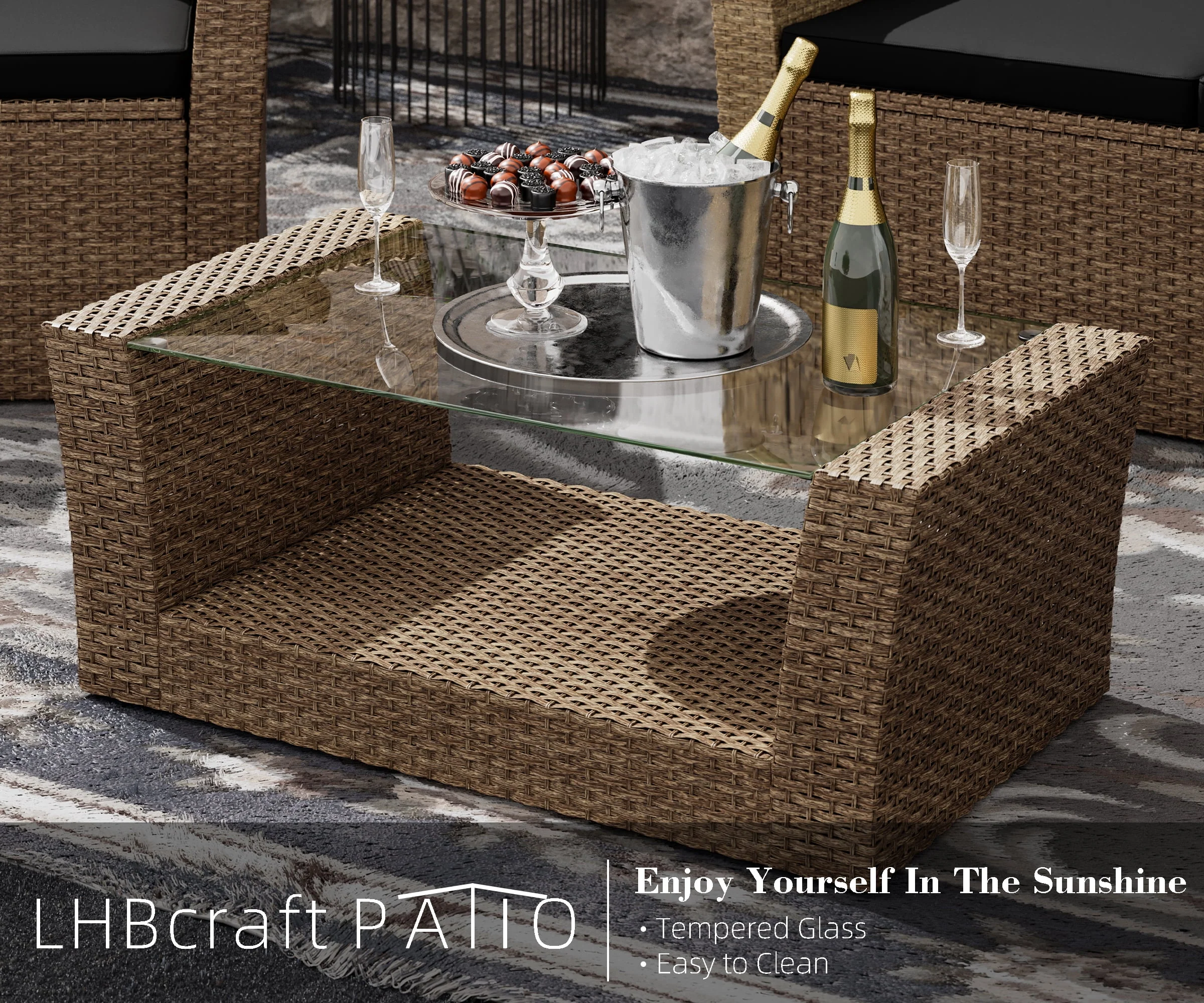 Bifanuo 4-Piece Patio Furniture Set Outdoor Rattan Wicker Sofa Set with Cushions & Coffee Table, Conversation Sofa Set with Tempered Glass Table Top - Womvr