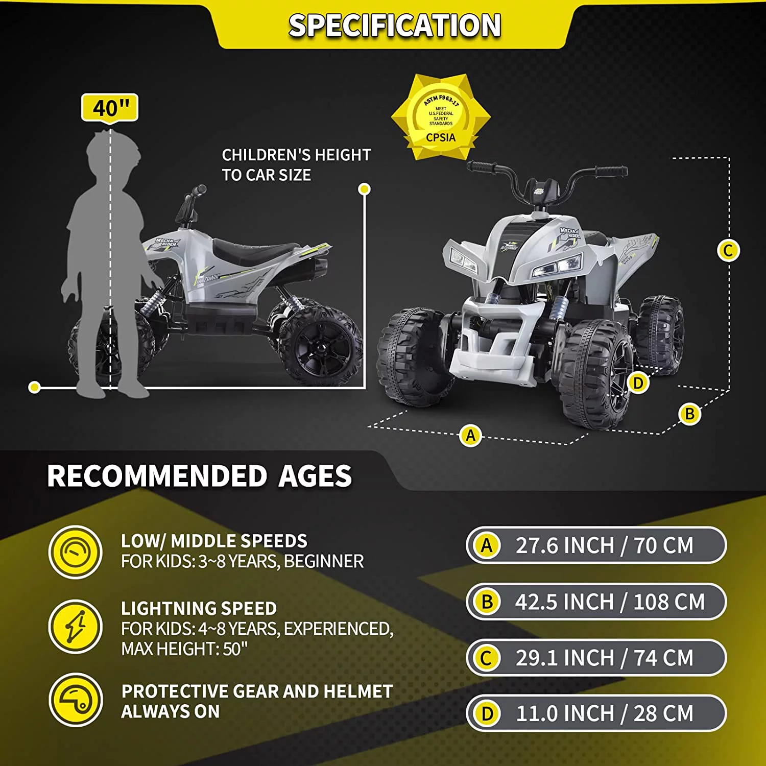 Blitzshark 24V Kids Ride on ATV 4WD Quad Powerful 4-Wheeler, with Big Battery, 6 MPH Speed, Metal Suspension, Police Rider - Womvr