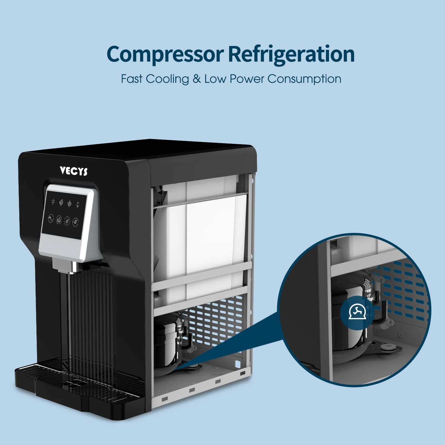 VECYS Water Cooler Dispenser with Built-in Ice Maker, 26LB Daily Ice Production and Refreshing Cold Water for Home and Office Countertop Use (NO Hot Water) - Womvr